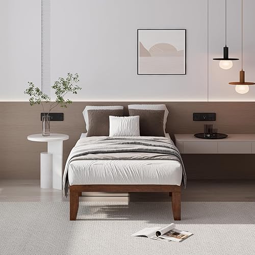 Miniatura 60 de Giantex Base de cama de plataforma de madera matrimonial de 14 pulgadas, base de colchón de estilo minimalista con madera de goma maciza, soporte de