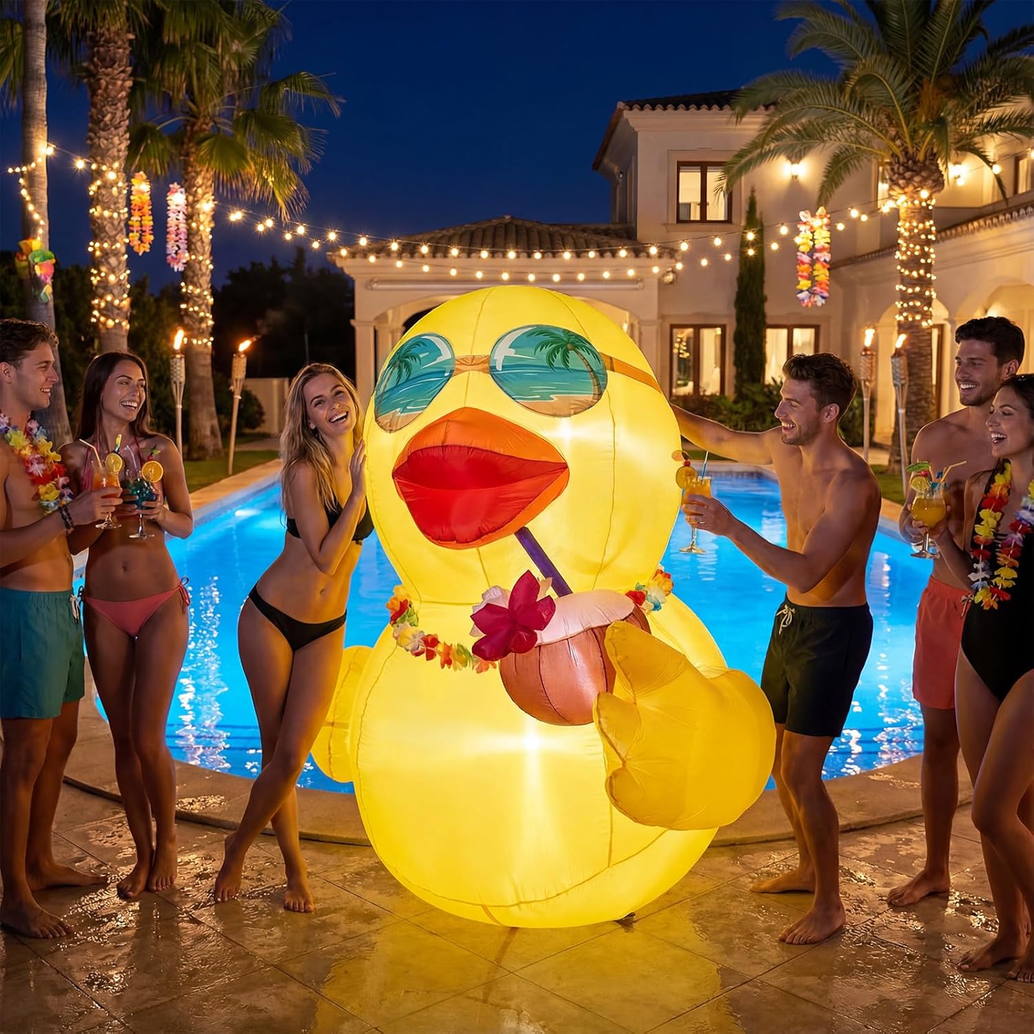 OurWarm 6 FT Inflatable Duck Luau Party Decorations, Luau Party Inflatable Decorations with LED Lights, Summer Inflatables Outdoor Decorations for Hawaiian Pool Summer Beach Tropical Party Decorations