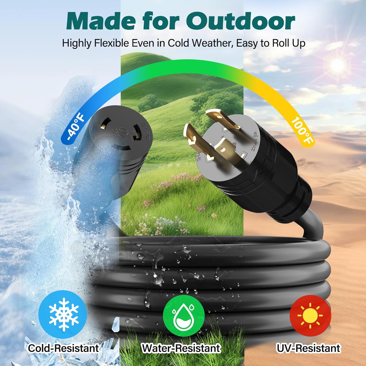 L6-30P to L6-30R Extension Cord 10 Ft, 30 Amp Generator Cord Cable Outdoor SJTW, Heavy Duty 10/3 AWG 250V 7500W Industrial Power Cord, 3 Prong Locking Plug for RV, EV, Trailer Campers -ETL