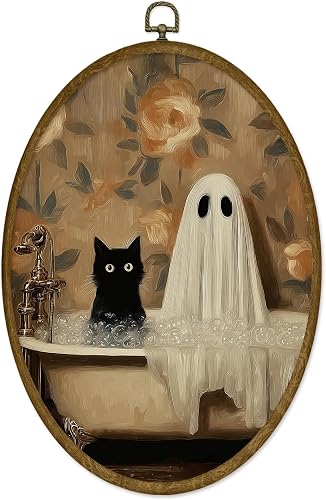 ODFGBDS Halloween Ghost Cat Bathroom Canvas Oval Wall Art Decor 8.6x11.4in