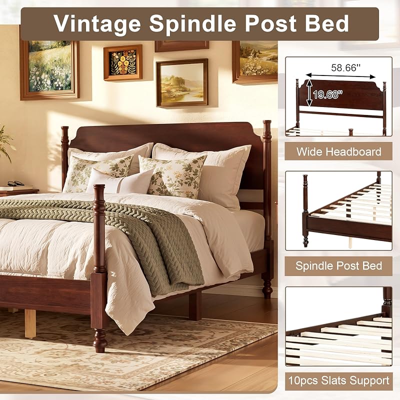 Merax Vintage Wood Spindle Bed Frame with Headboard, Queen Size,Dark Walnut image 4