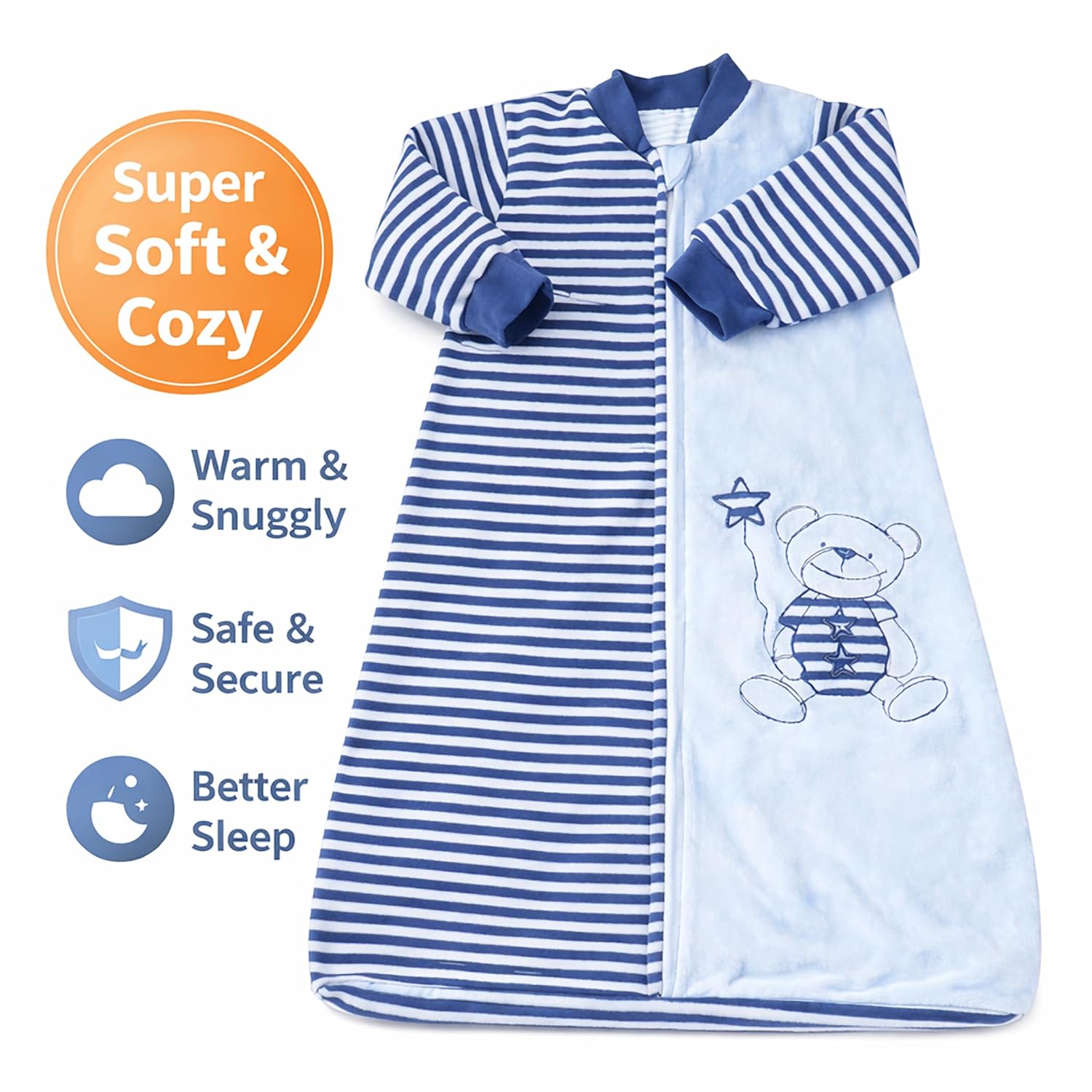 Toddler Sleep Sack with Long Sleeves (4-6T) -Extra Large,Warm tog 2.0, Wearable Blanket Infant, Baby Sleeping Bag with Arms, Soft Cotton Velvet, Kids 5 Years Blue Boy