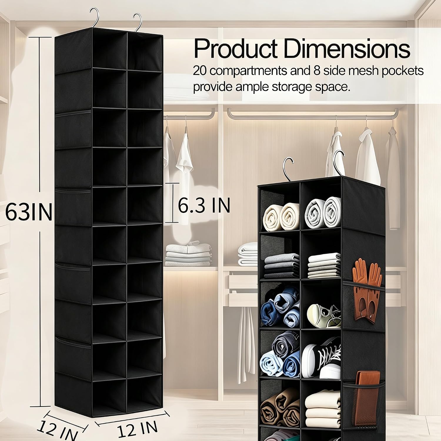 Hanging Shoe Organizer for Closet - 20 Extended Sections Closet Shoe Storage Rack with 8 Side Mesh Pockets, Foldable Shelves Holder for Clothes Shoes Shirts Jeans Hats image 2