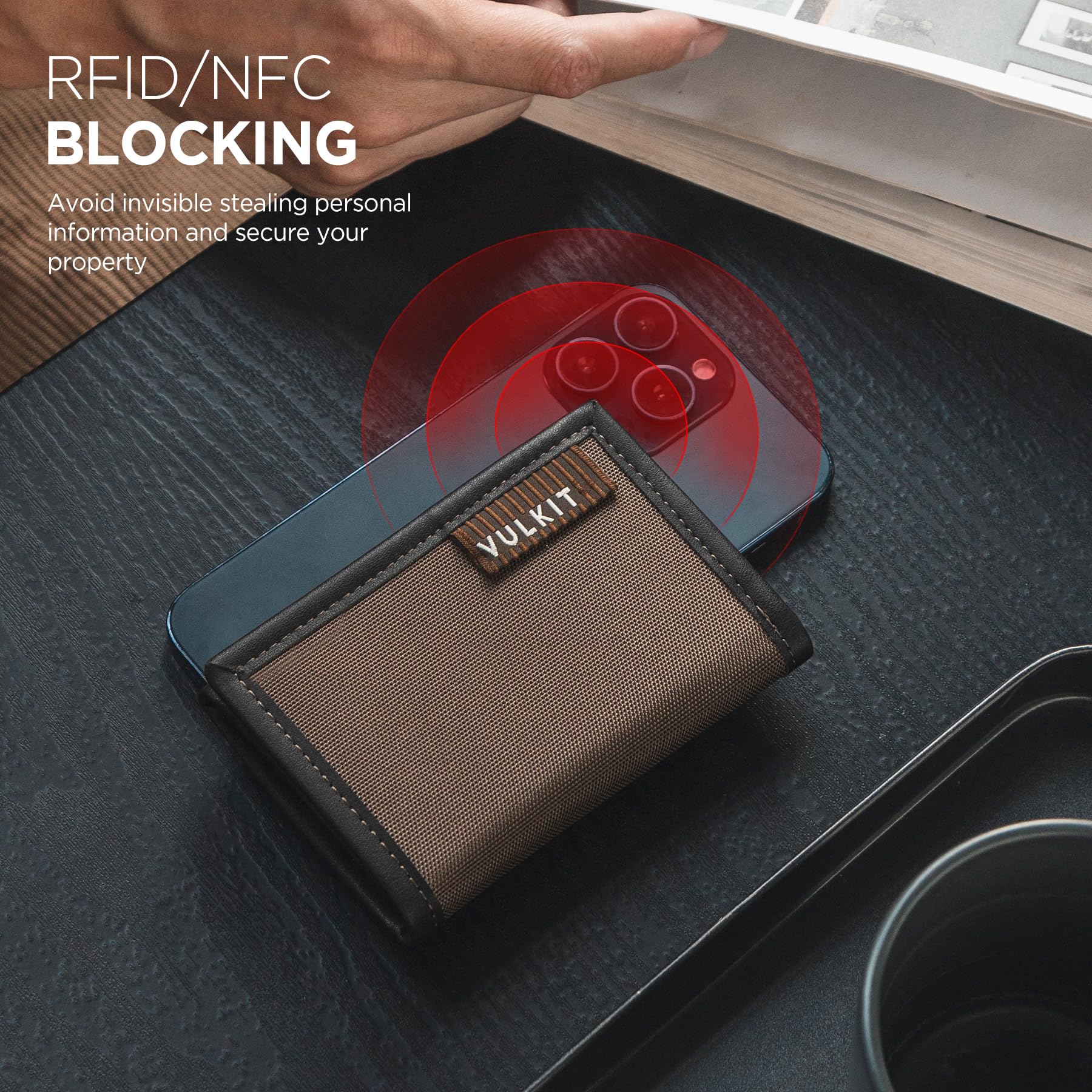 VULKIT męski portfel z blokadą RFID, wodoodporny skórzany portfel na karty kredytowe z kieszenią na monety zapinaną na zamek i klamrą na klucze do codziennych podróży na świeżym powietrzu