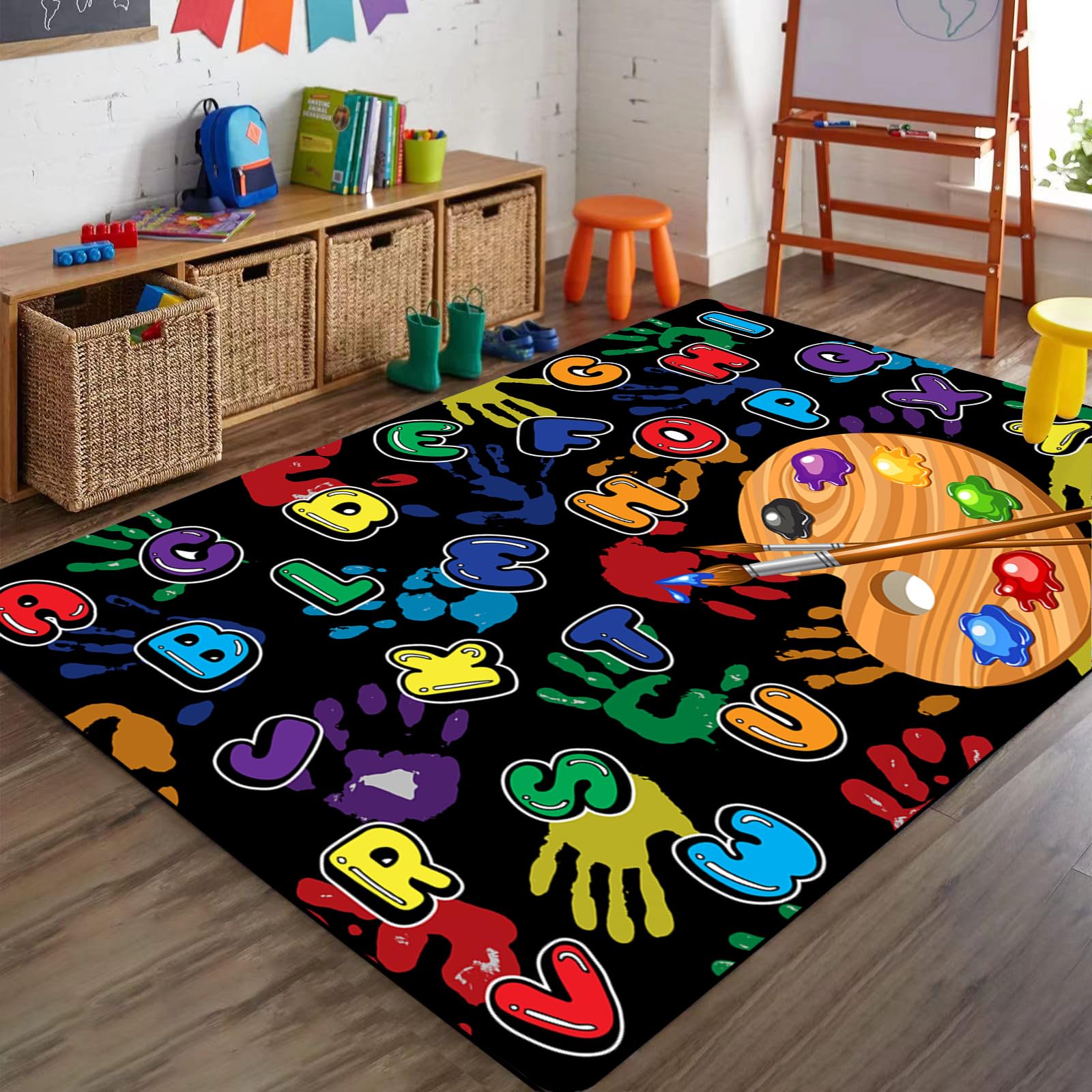 ABC Art Large Area Carpet, 5x7ft, Cartoon Palette Colorful Letters Children's Rug, Handprint Soft Classroom Carpets, Rubber Backed Durable Non Slip