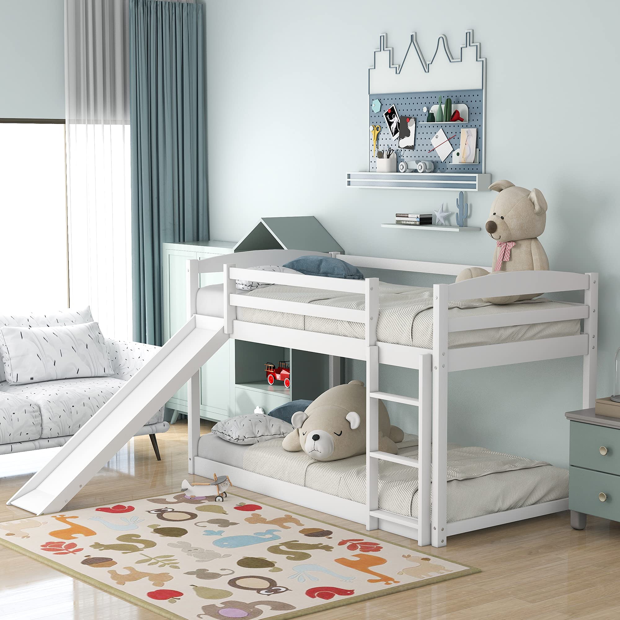 Buy Rhomtree Twin Over Twin Bunk Bed with Convertible Slide and Ladder