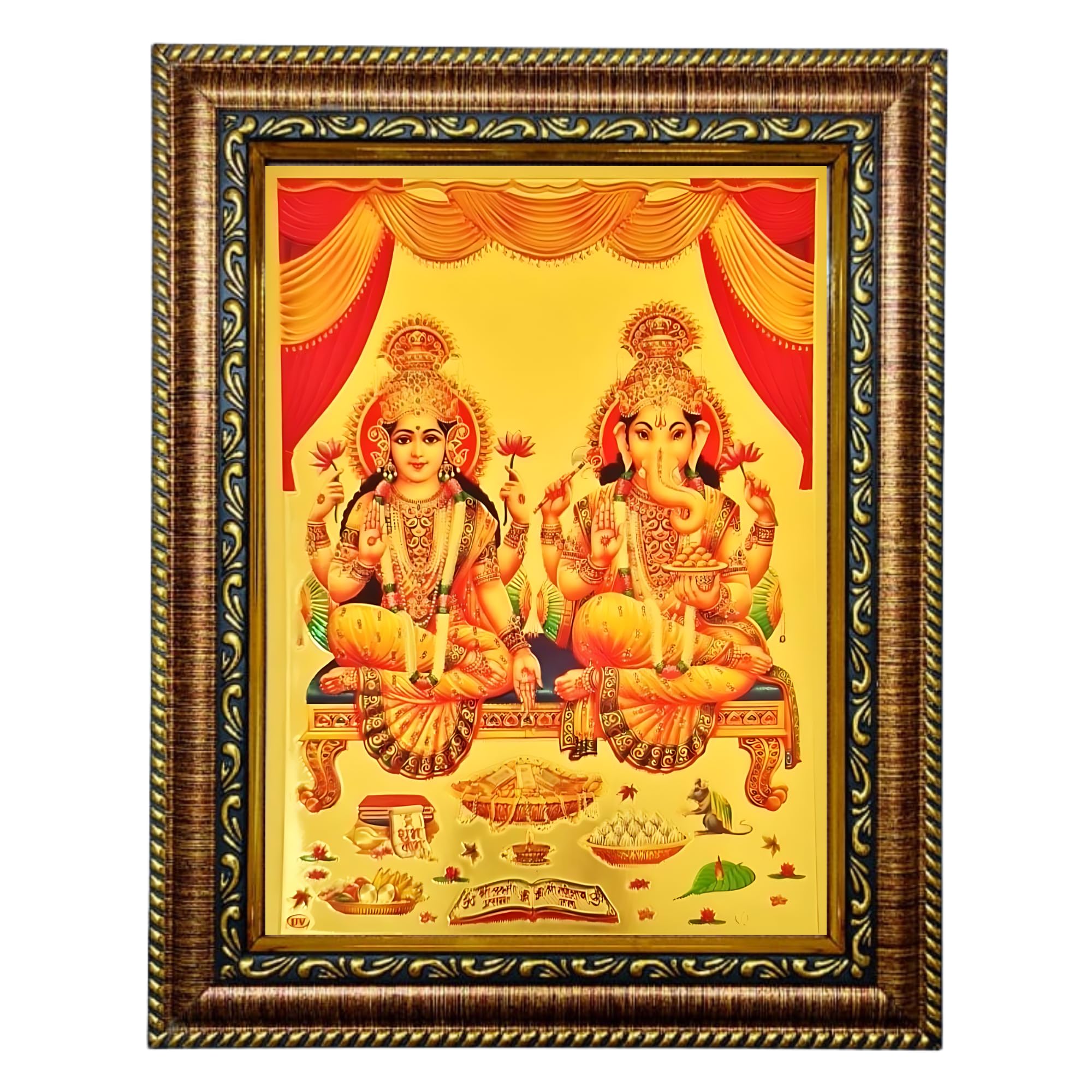 Hitech Sales Lord Sri Laxmi Ganesh Light Weighted 9X7 photoFrame Waterproof Glass Cover 3d photo with Wooden Frames for Table, Temple Wall, Mandir, Gym, and Outdoor Spaces, Home Decor