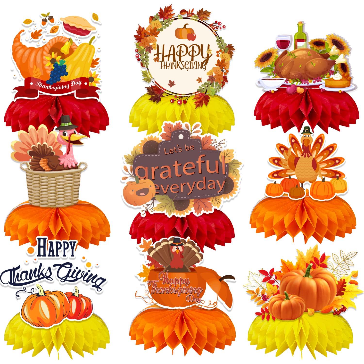 QICI 9 Pack Thanksgiving Honeycomb Centerpiece, Turkey Honeycomb ornament, Thanksgiving Party Decorations, Fall Festival Party Supplies