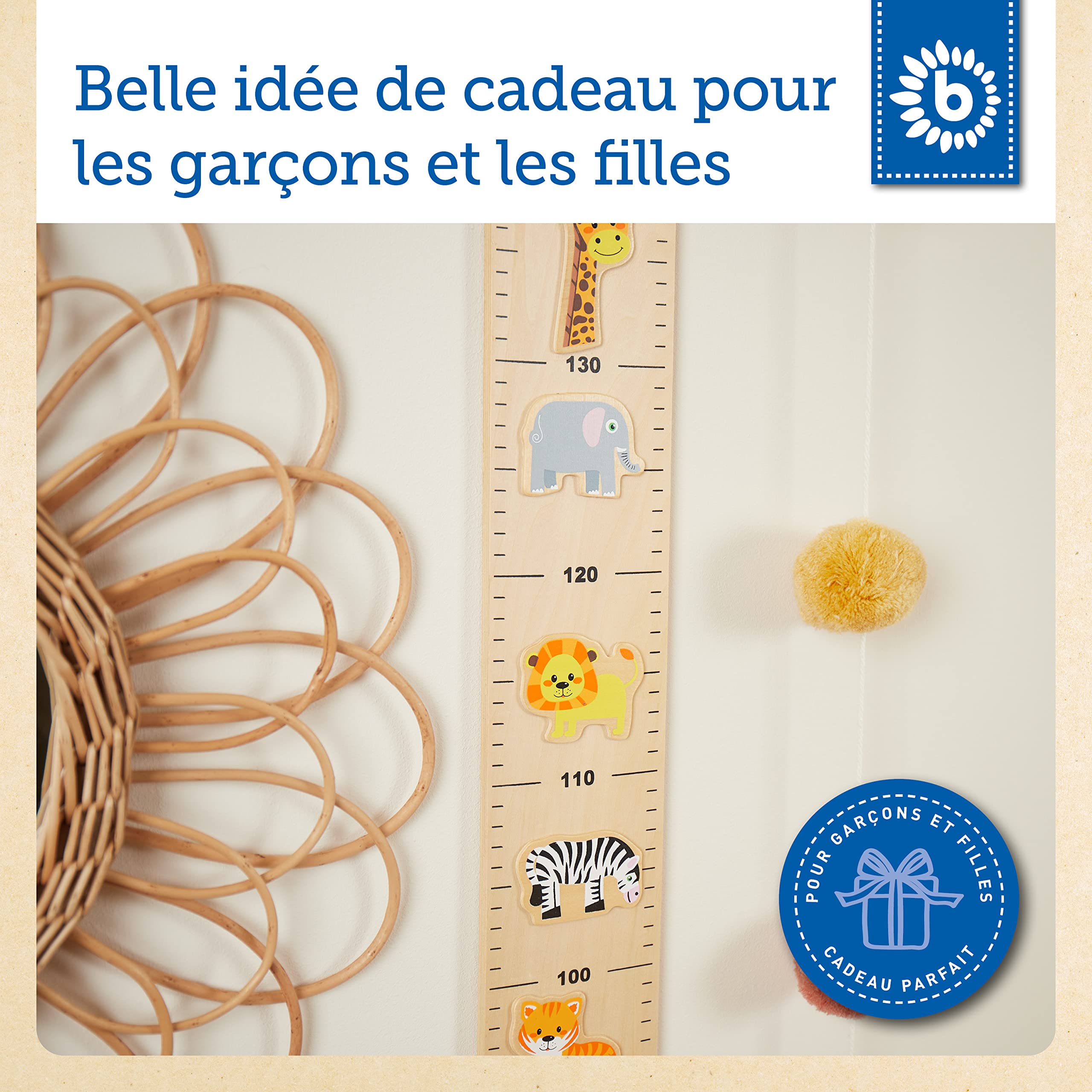 Bieco Toise Murale Enfant Bois Zoo | échelle 0,65-1,5m | Decoration Chambre Enfant | Tableau Chambre Enfant | Mesure Taille Enfant Mesure Enfant Mural Toise Enfant Deco Chambre Enfant Toise Bois