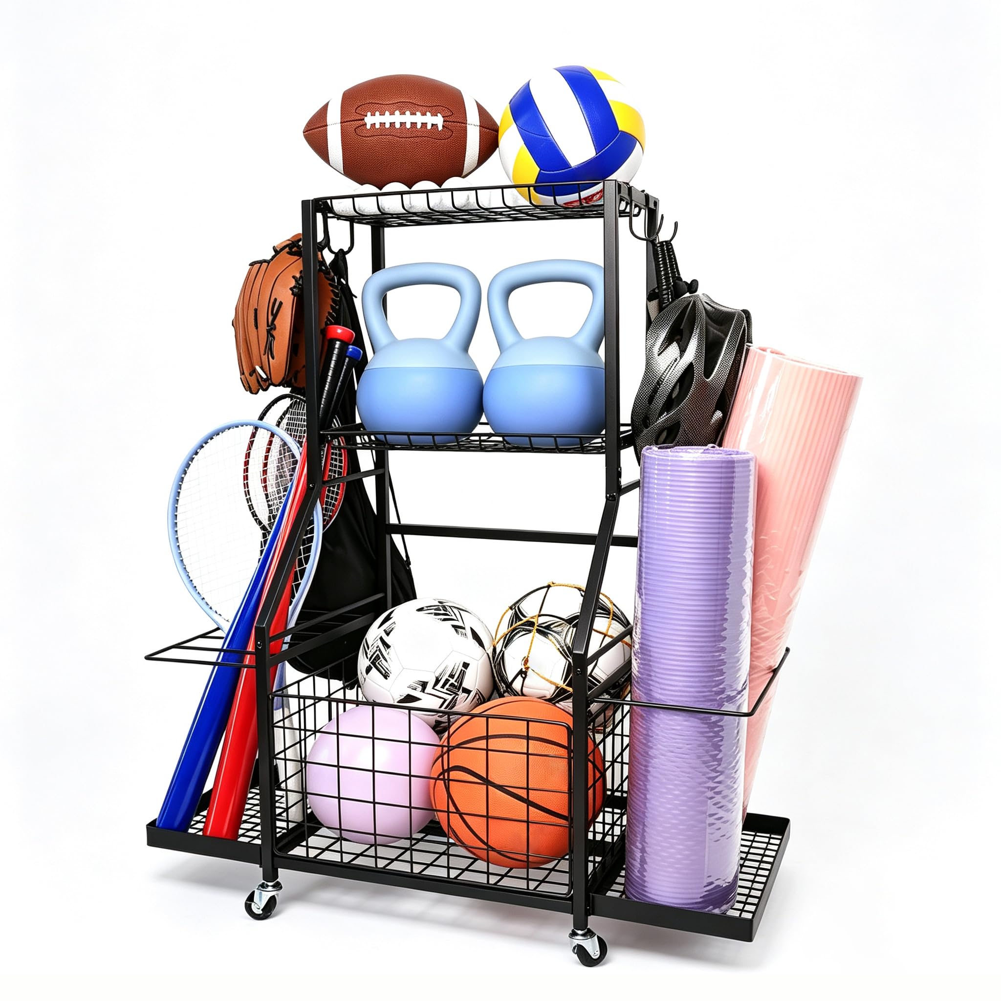 Garagen-Sportgeräte-Organizer, Garagenregal mit Haken und Rädern, Sportorganizer & Ballablage für Fußball, Fussball, Schläger und Spielzeuge