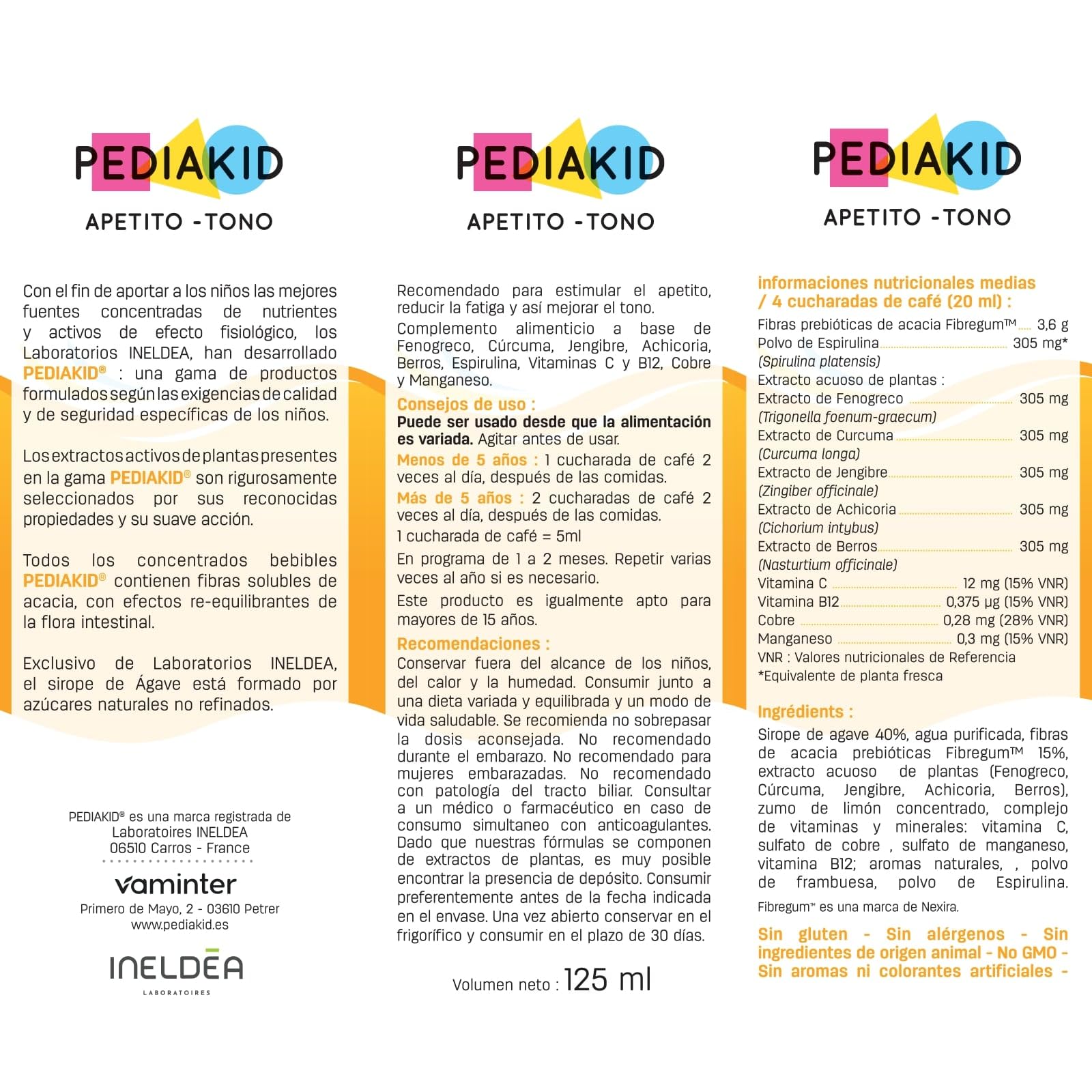 PEDIAKID Apetito-Tono Complemento alimenticio Sirope de Agave Estimula el apetito Aumentar peso Aroma Natural Frambuesa 125 ml