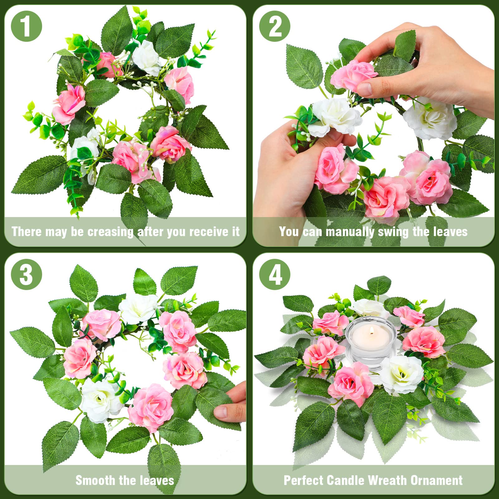 Geosar Flower Candle Rings Wedding Artificial Rose Candle Rings Boho Candle Rings Wreaths Silk Rose Wreath for Pillar Home Door Tabletop Decoration Festival Valentine Party Centerpieces (12 Pcs)