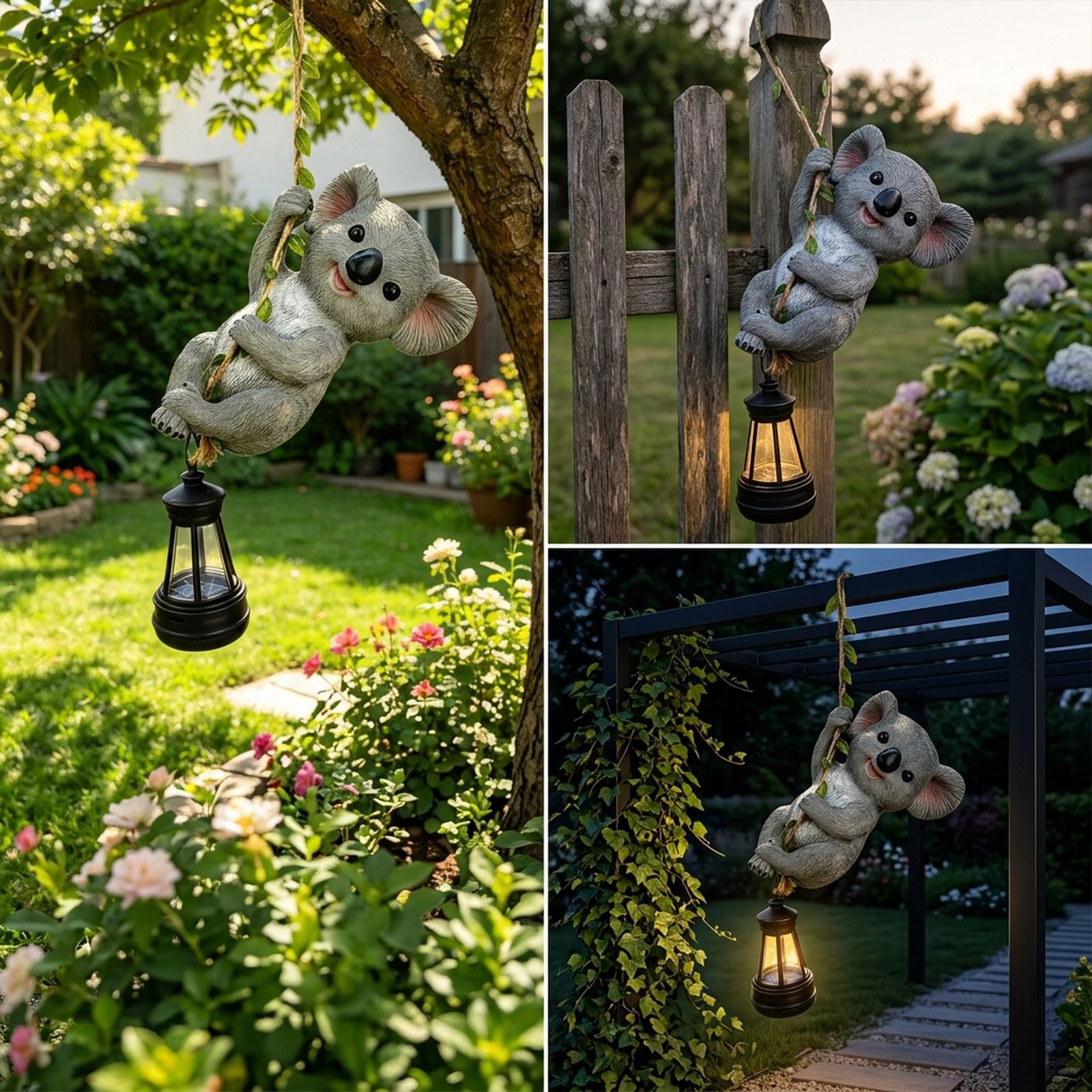 Statuetta da Giardino a Energia Lanterna a LED, Albero in Resina, Ideale per Alberi, Koala, 10.5 X 7.5 X 15.5 Cm