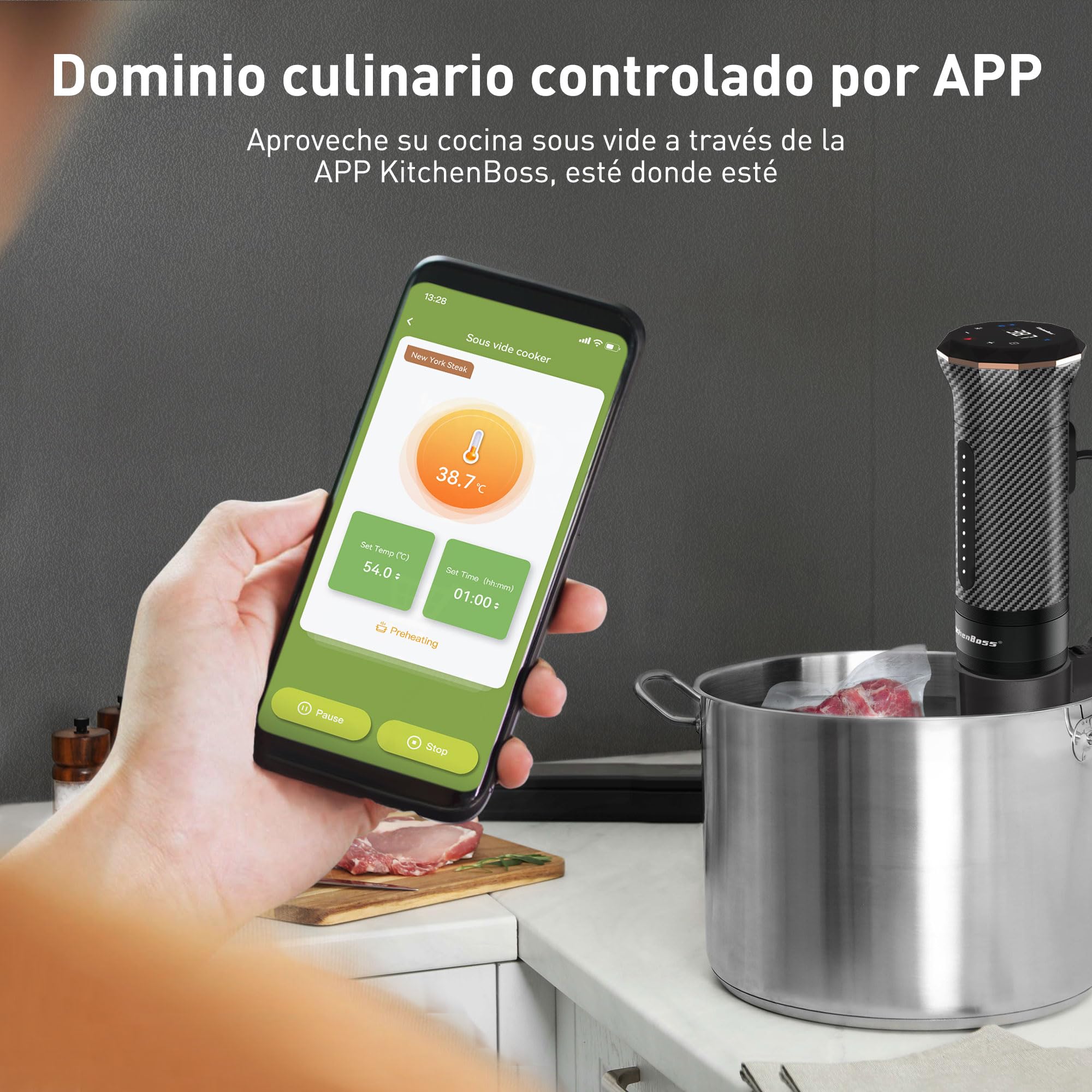 KitchenBoss Sous Vide Roner WiFi：Cocina Baja Temperatura Inmersión a Prueba de Agua IPX7 Circuladores Control de APP y Temperatura de Precisión, LED Display, Silencioso, 1100W 40℃-90℃