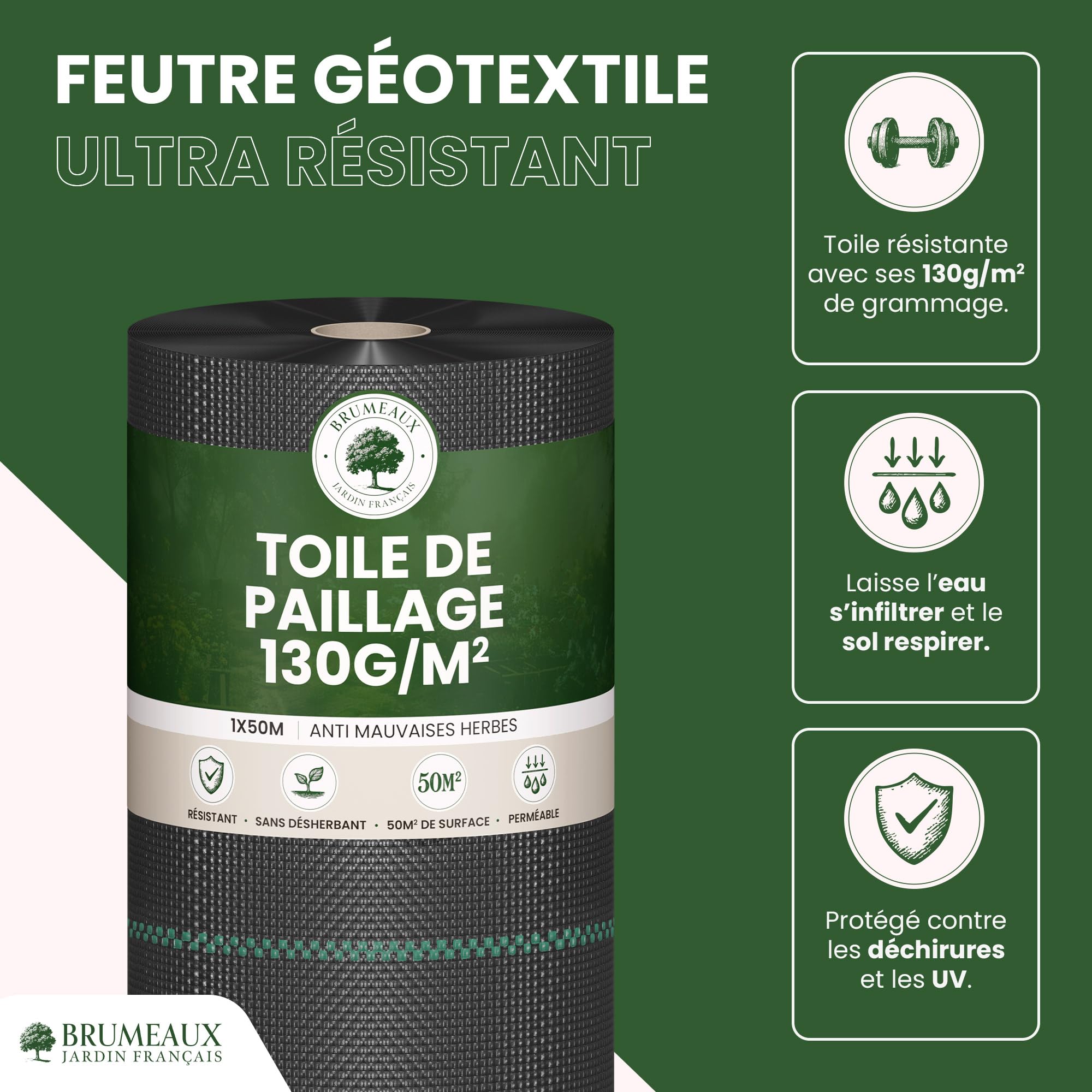 SKYLANTERN Toile de Paillage 130g/m² très épais - Geotextile Anti Repousse Gravier 50m x 1m (50m2) pour Terrasses et Allées - Bache Desherbant Anti Mauvaise Herbe 130g - Toiles de paillage Géotextile