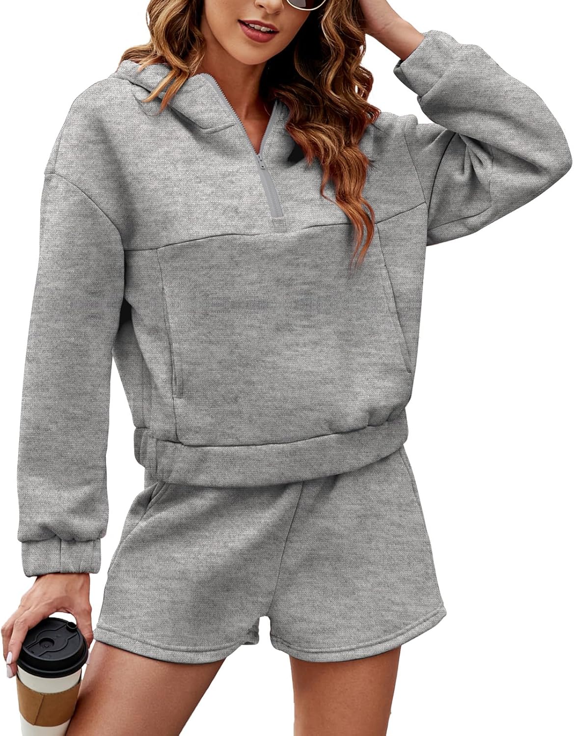 FKEEP Womens 2 Piece Sweatsuit Outfits Half Zip Hoodie Sweat with Shorts Pockets Lounge Winter Tracksuit Wear Matching Set