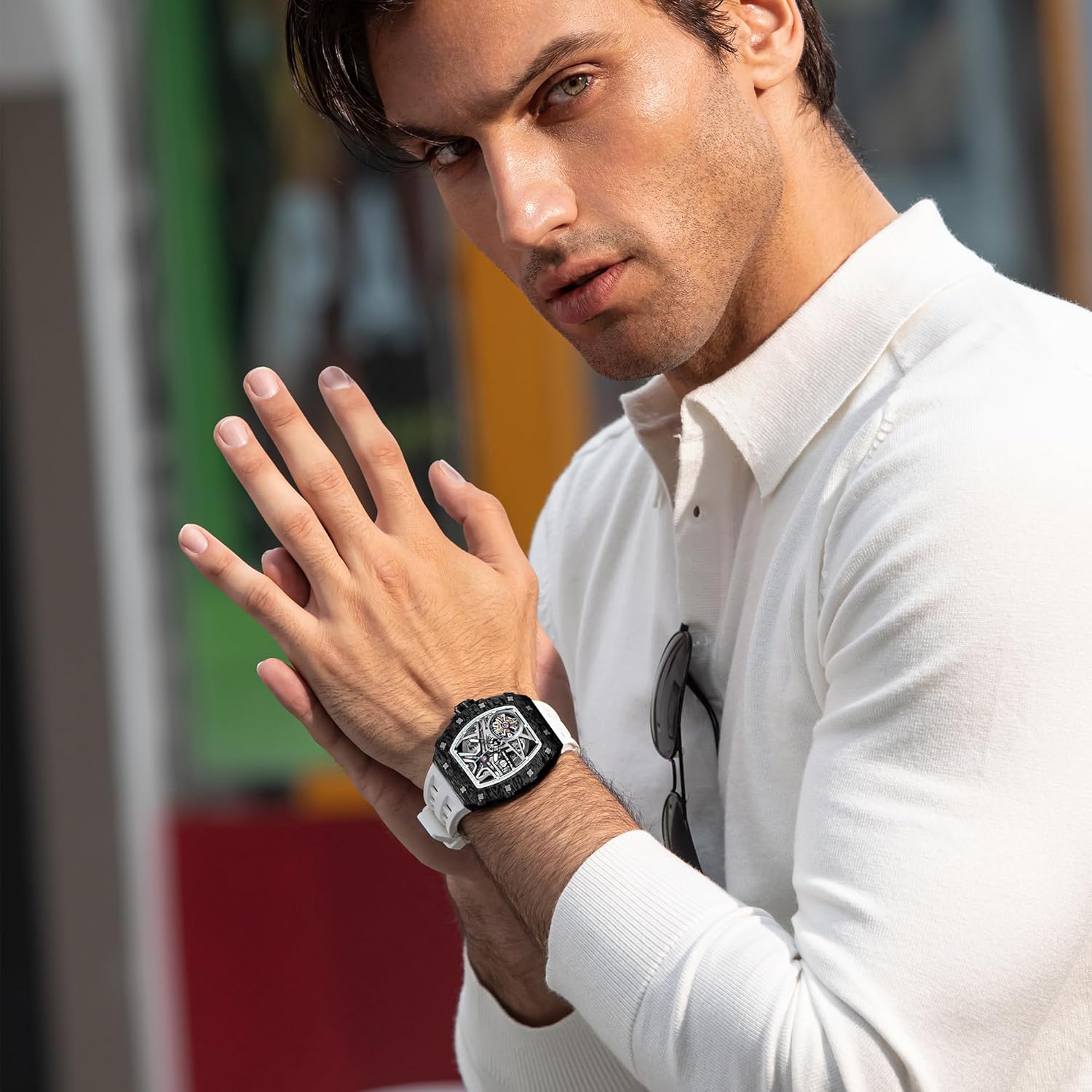 TSAR BOMBA Men's Automatic Watch Mechanical Tonneau Luxury Skeleton Watches for Men 50M Waterproof Analogue Work Mens Wrist Watch Unique Cool Design Square Silver Big Face Wristwatch Silicone Strap