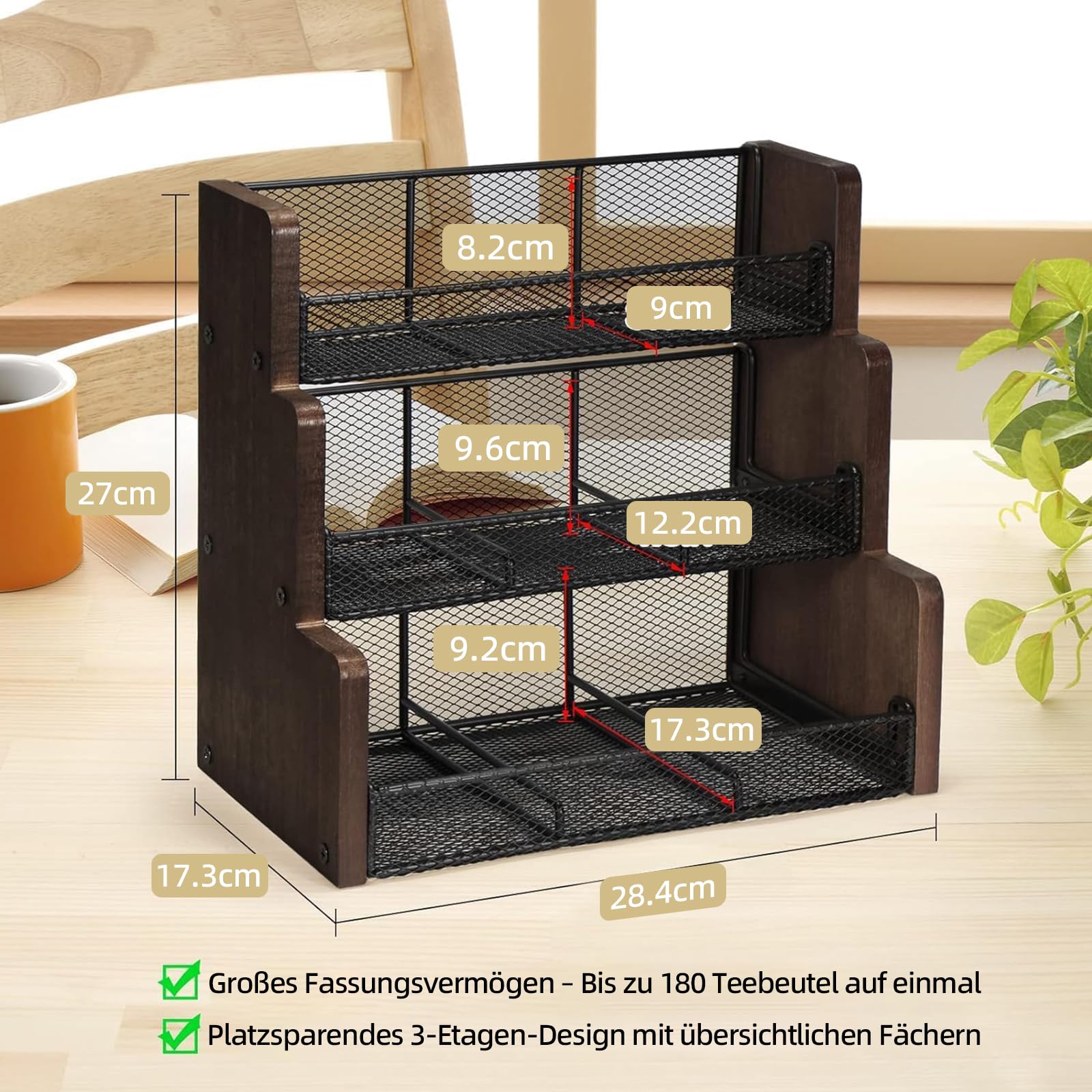 THYGIFTREE Teebeutelhalter mit 3 Ebenen, Teebeutel Aufbewahrung, Massivholz, Teebeutel-Organizer für Küche, Büro, Arbeitsplatte, Zuckerpackungen, Milchkännche