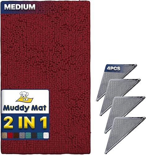 Muddy Mat Paquete 2 en 1 – Tapete de microfibra absorbente rojo mediano (30 x 19 pulgadas) y tapete resistente antideslizante para esquinas (paquete