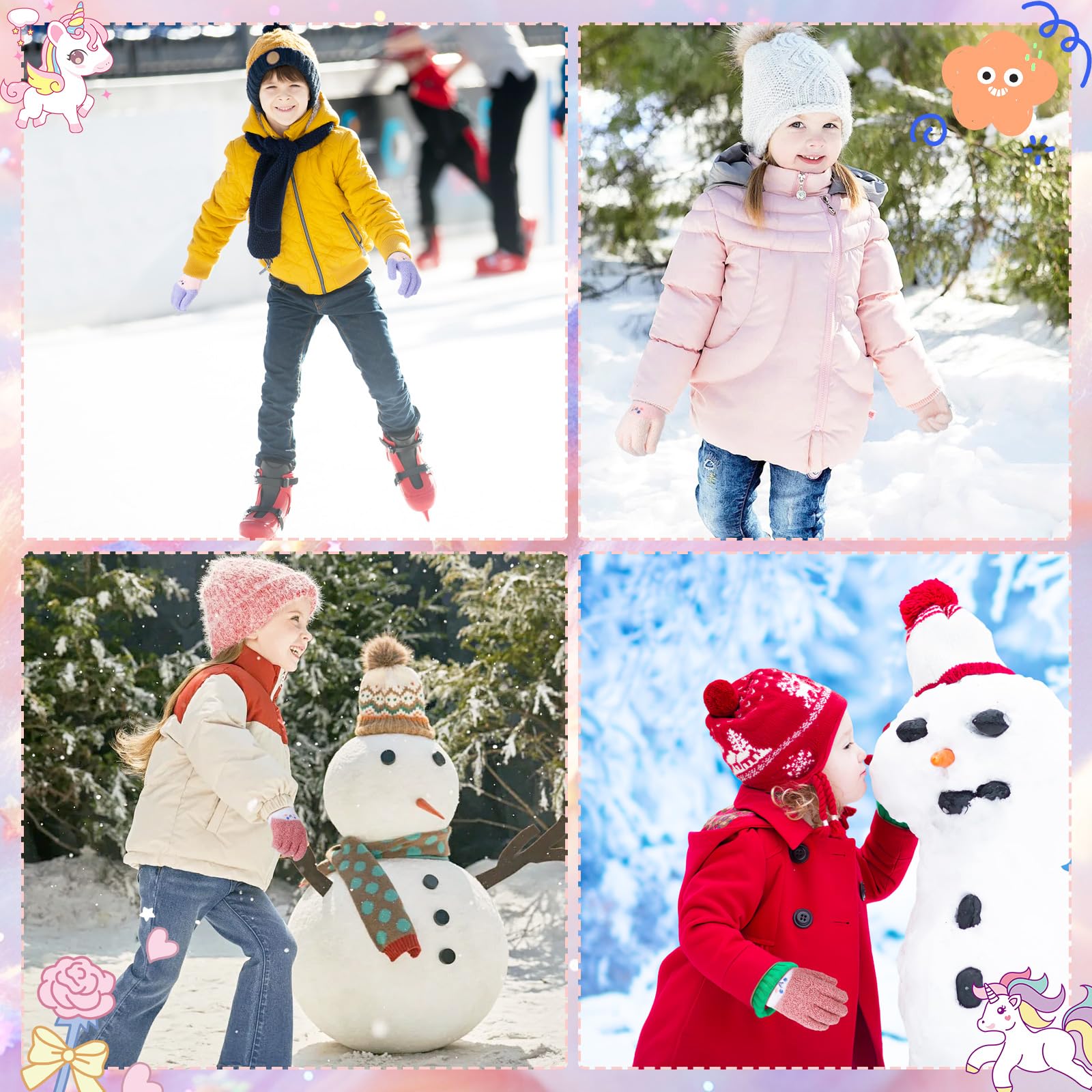 QKURT Lot de 3 paires gants magiques enfants tricotés chauds élastiques mitaines hiver 6-14 ans