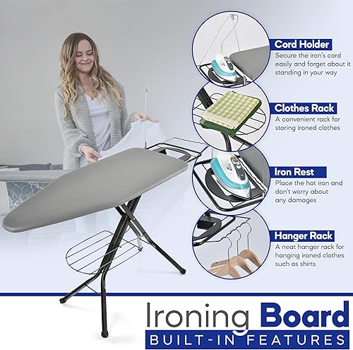 Miniatura 6 de Tabla de planchar extra ancha superficie grande de 48 x 18 pulgadas (57 pulgadas con soporte de hierro)  Perchero integrado para ropa, colgador y