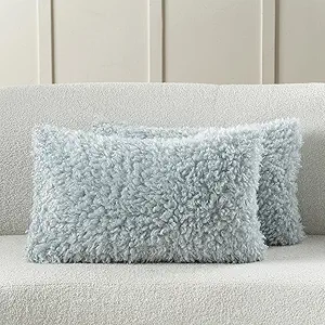 FUTEI Light Blue Decorative Throw Pillow Covers 12x20 Inch Set of 2,Soft Fluffy Faux Wool Fur Boucle Textured Lumbar Pillow Case,Modern Home Decor for Couch Bed Living Room Office