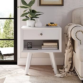 White Nightstand with 1 Drawer Mid Century Modern Nightstand