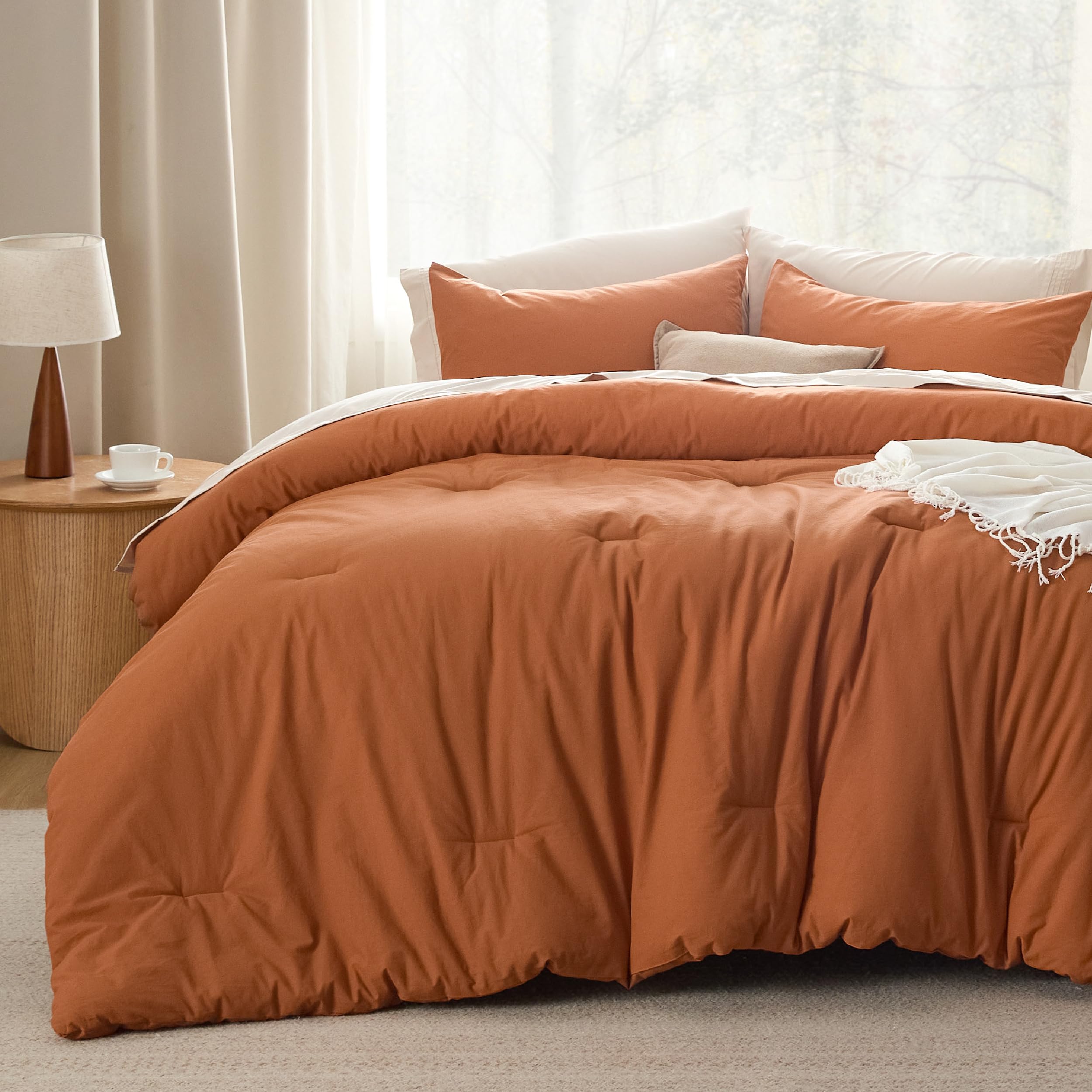 Bedsure Cotton Comforter Set King Size - Burnt Orange Washed Cotton Comforter, Soft Bedding for All Seasons, 3 Pieces, 1 Comforter (104"x90") and 2 Pillow Cases (20"x36")