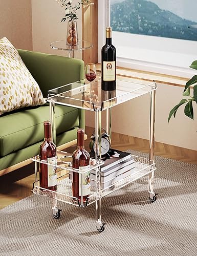 Miniatura 5 de solaround Carrito de barra de acrílico, carrito de servicio para el hogar con ruedas bloqueables, con estante de vino transparente, para cocina y