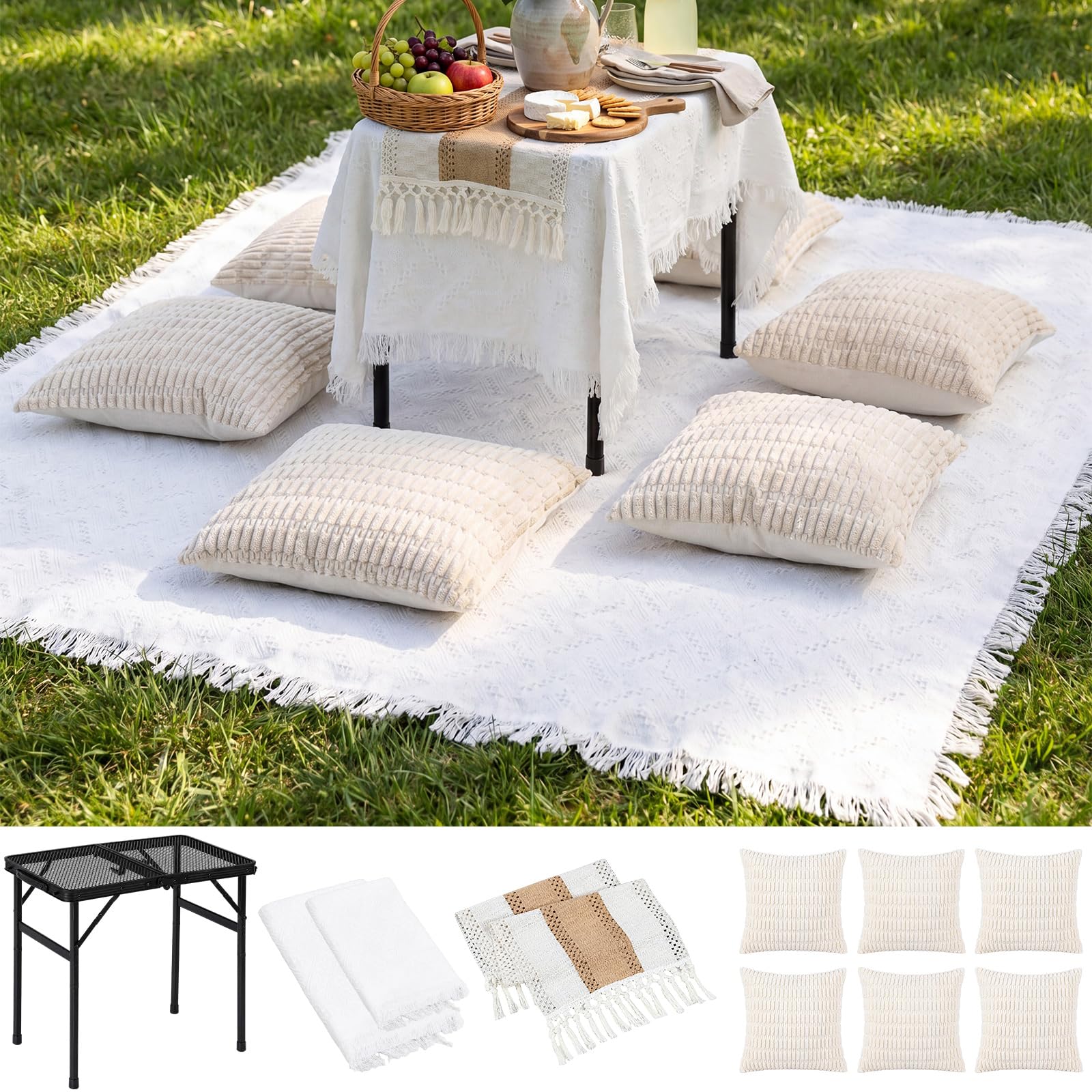 Photo 1 of Novabright 10 Pcs Boho Picnic Kit Folding Camping Table with Outdoor Large Boho Picnic Blanket Tablecloth Table Flag Cotton Pillowcases, Portable Picnics Furniture Set for Camp Garden Wedding Party