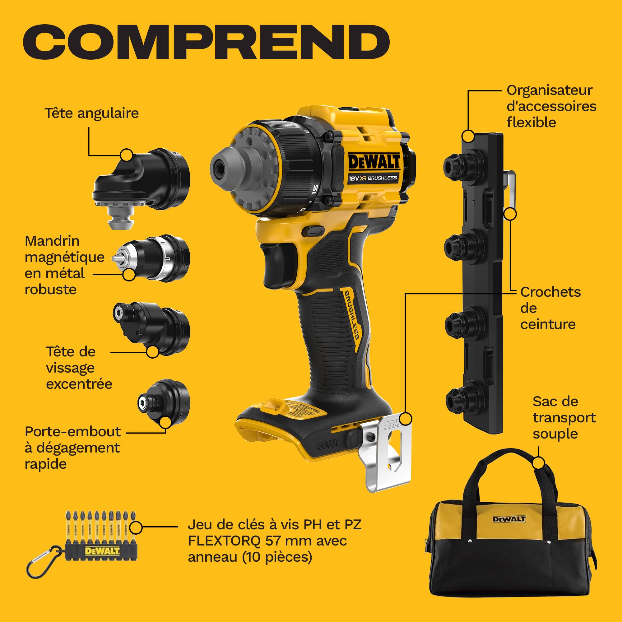 DEWALT Perceuse-visseuse multi-têtes 18V XR, 4 têtes, DCD803KN-XJ | Perceuse-visseuse multi-têtes DEWALT 18V XR compacte avec 4 têtes interchangeables, moteur Brushless et couple de 73 Nm.