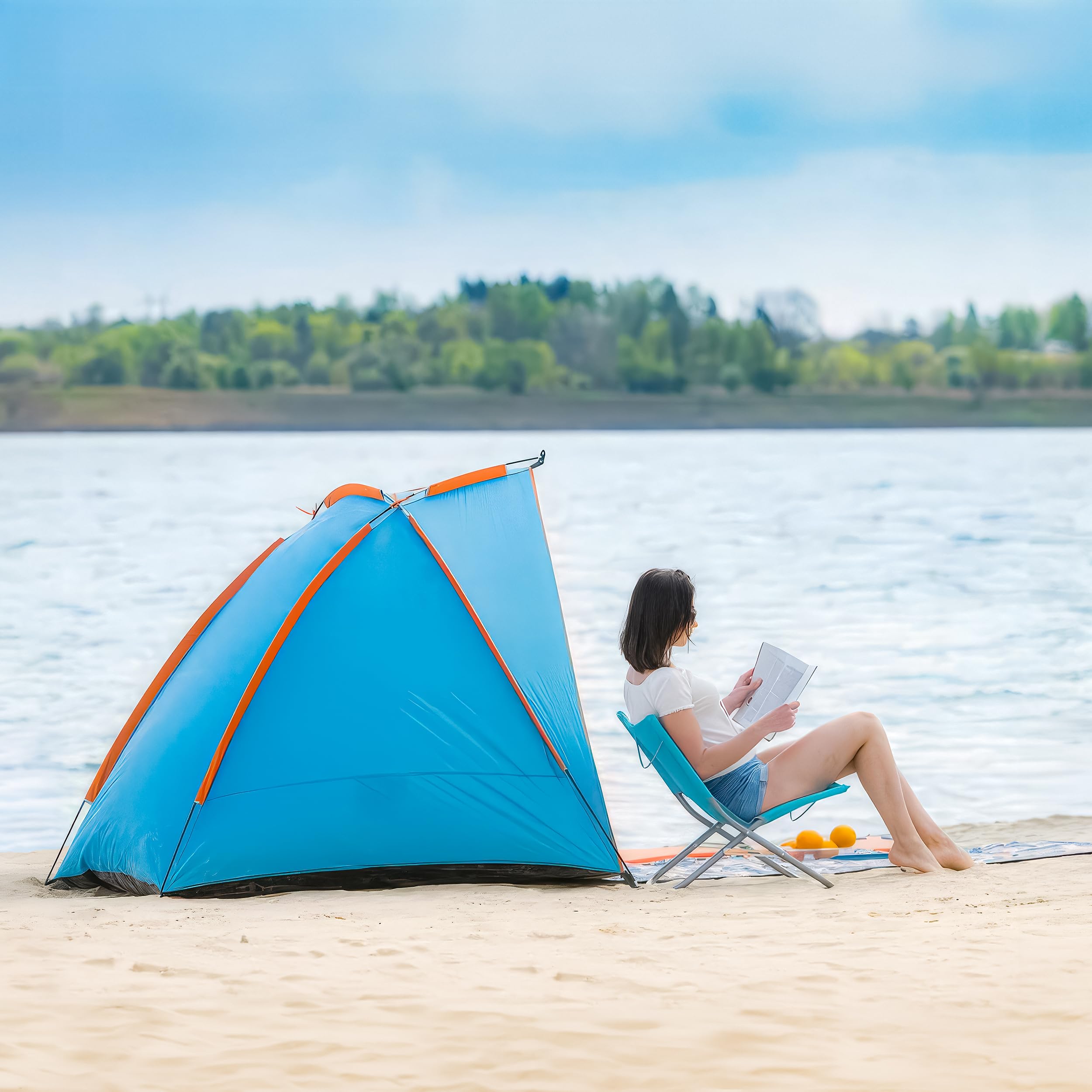 Blumixx Pop Up Strandmuschel für 2–3 Personen – Windschutz & Sonnenschutz Strand Zelt, kompakt faltbar, leichtes Reise-Strandzelt, Strandzelt, UV-Schutz, 220x120x120 cm, Türkis