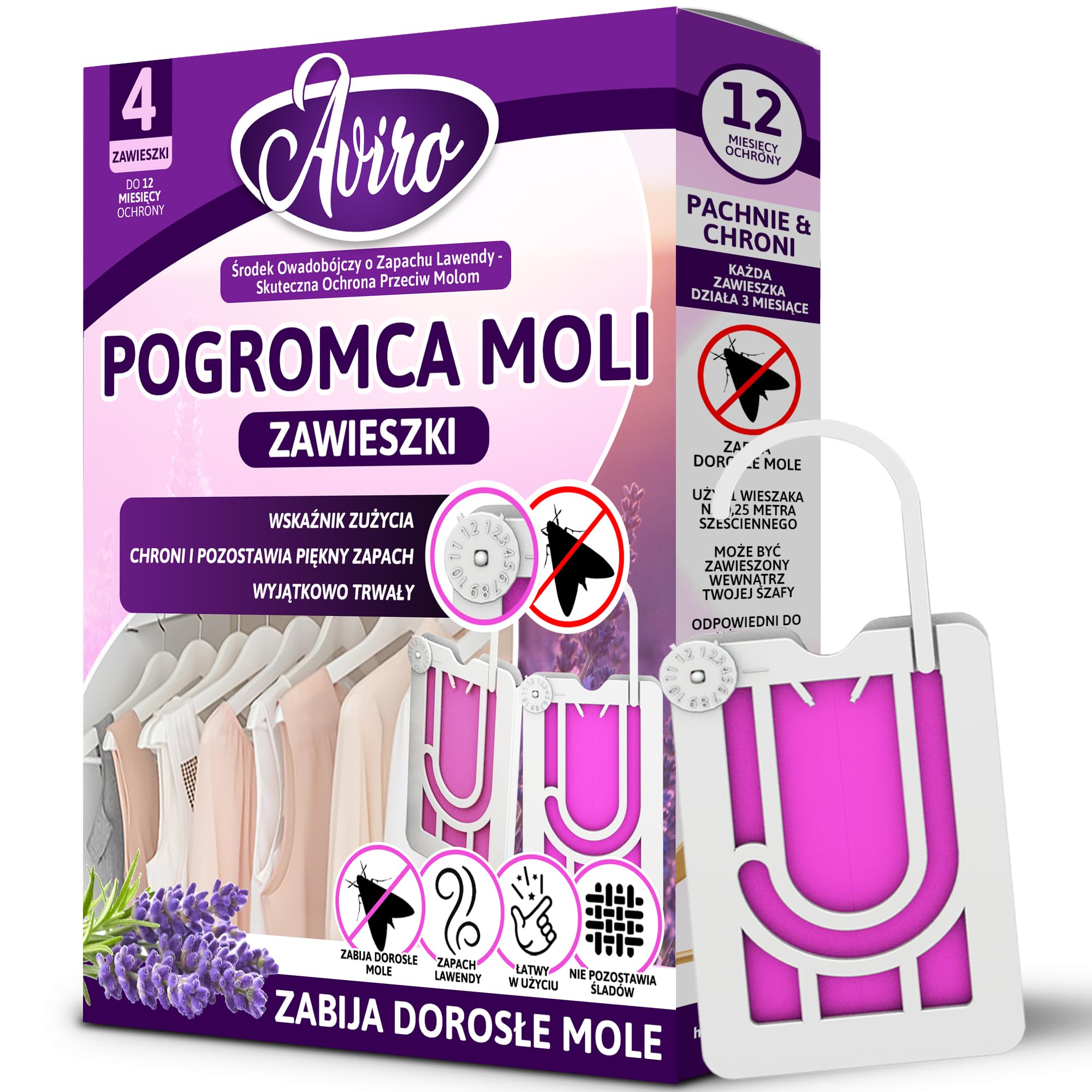 Aviro Zawieszka na Mole, Ochronna Zawieszka przeciw Molom Odzieżowym, Naturalny Zapach Lawendy, Bardzo Skuteczna, Łatwa w Użyciu Pułapka na Mole do Szafy, Lawendowe Zawieszki przeciw Molom, 4Pack