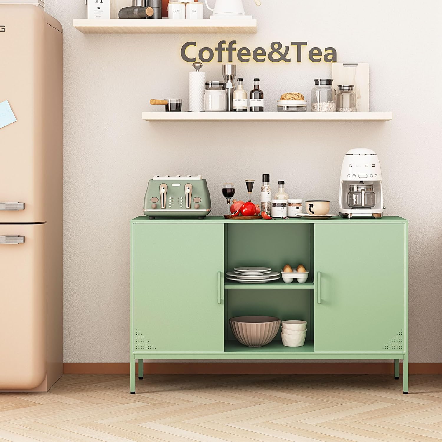 Coffee Bar Cabinet with Adjustable Shelf, Kitchen Storage Cabinet Metal Pantry Cupboard Buffet Sideboard for Living Room, Kitchen, Bedroom, Dining Room, Entryway (Green, H29.53'')