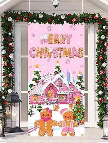 Cubierta de puerta de Navidad de pan de jengibre, suministros de Feliz Navidad, casa de jengibre, telón de fondo para puerta delantera, pancarta