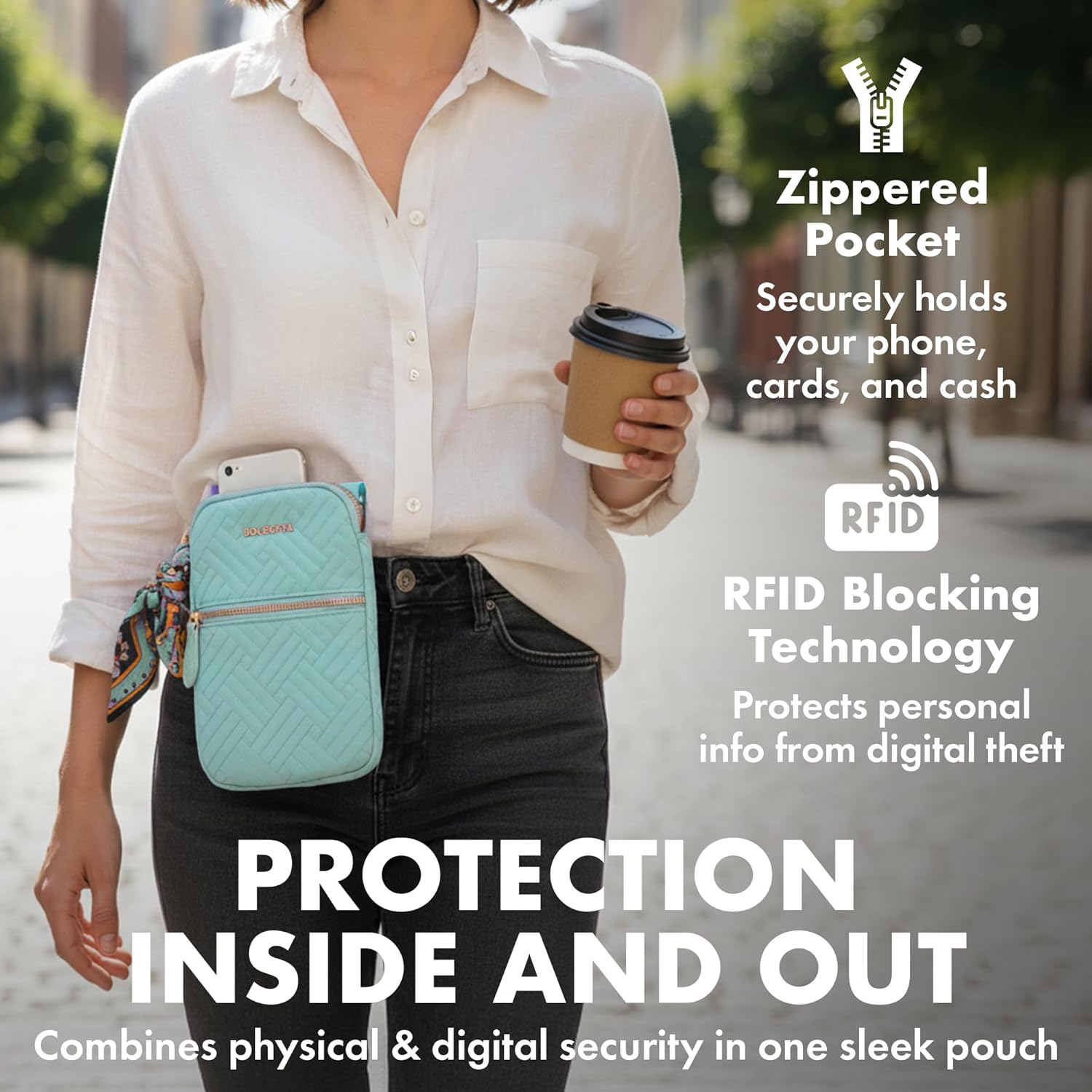 Magnetic Hip Pouch - RFID Blocking Pouch and Key Fob Protector - Zippered Pocket, Magnetic Snaplock Attachment - Lightweight Travel Wallet, Hip Bag for Concerts & Errands - Seafoam Teal Quilt