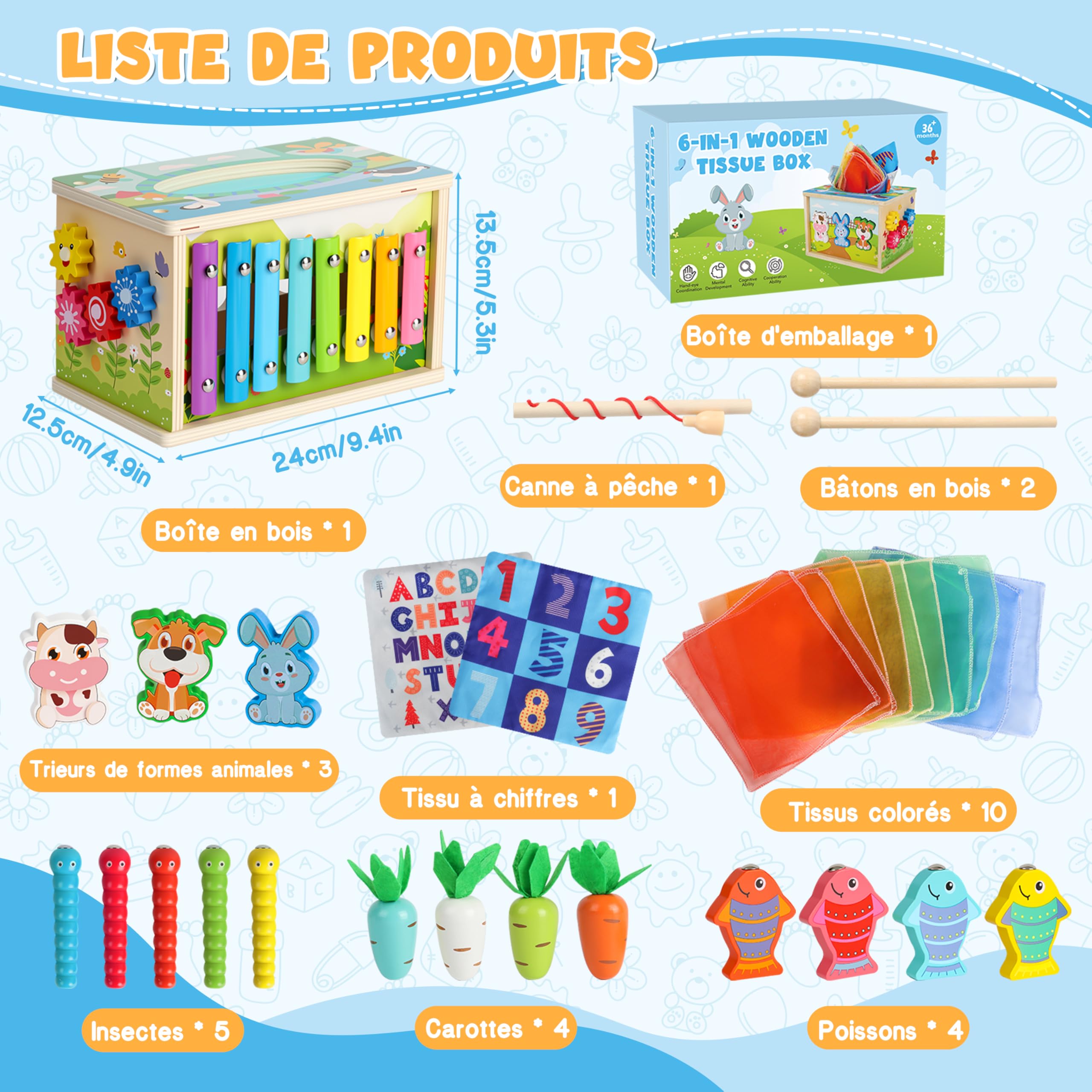 Charmofun Jouet Bébé Montessori 1 an, Jouet Boîte à Mouchoirs Bébé, Xylophone, Jeu Pêche, Tri de Formes, STEM Educatif Cadeau pour Enfants Filles et Garçons
