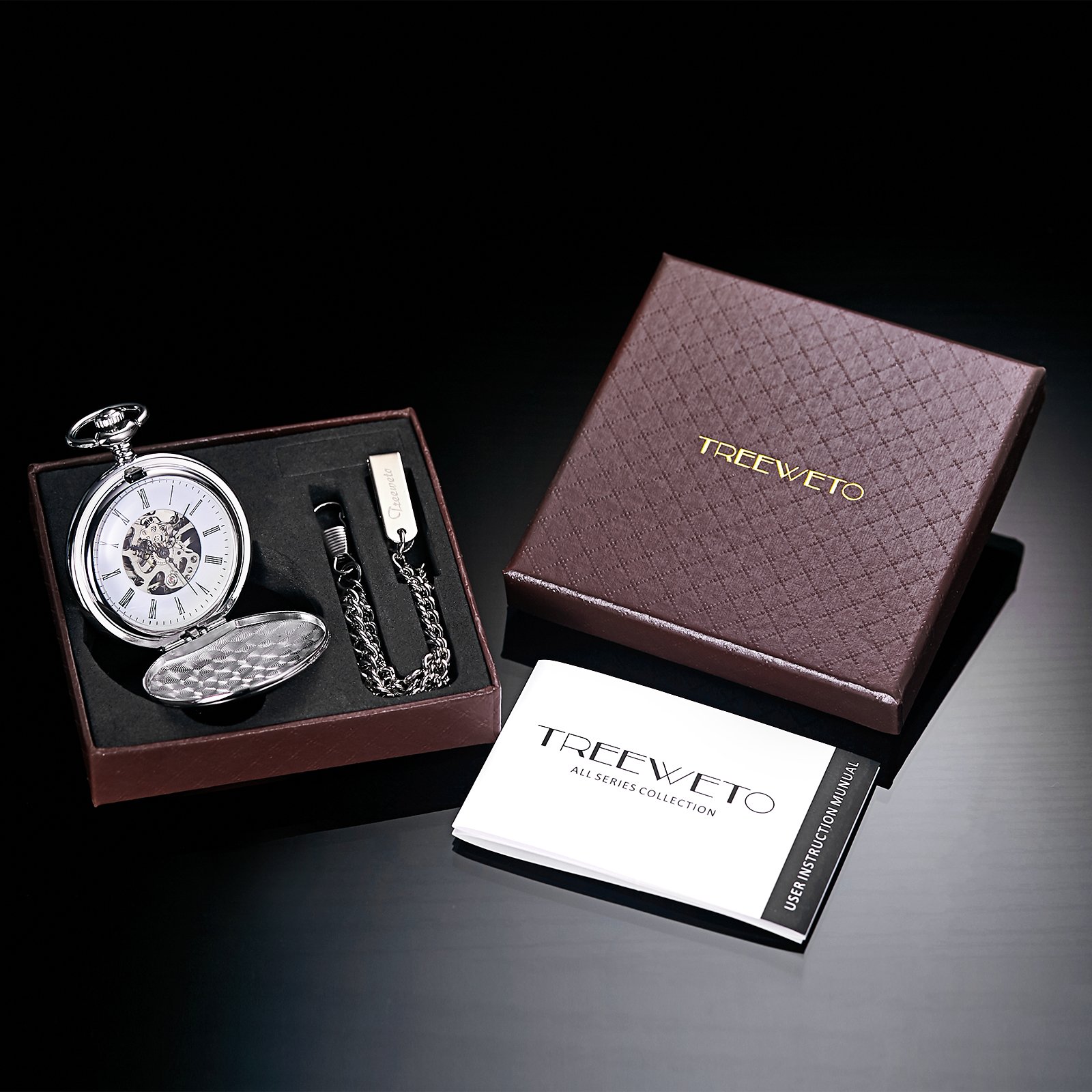 Treeweto Reloj de Bolsillo Unisex con Cadena de Cuerda analógica y Mecanismo Retro Plateado Pulido Brillante