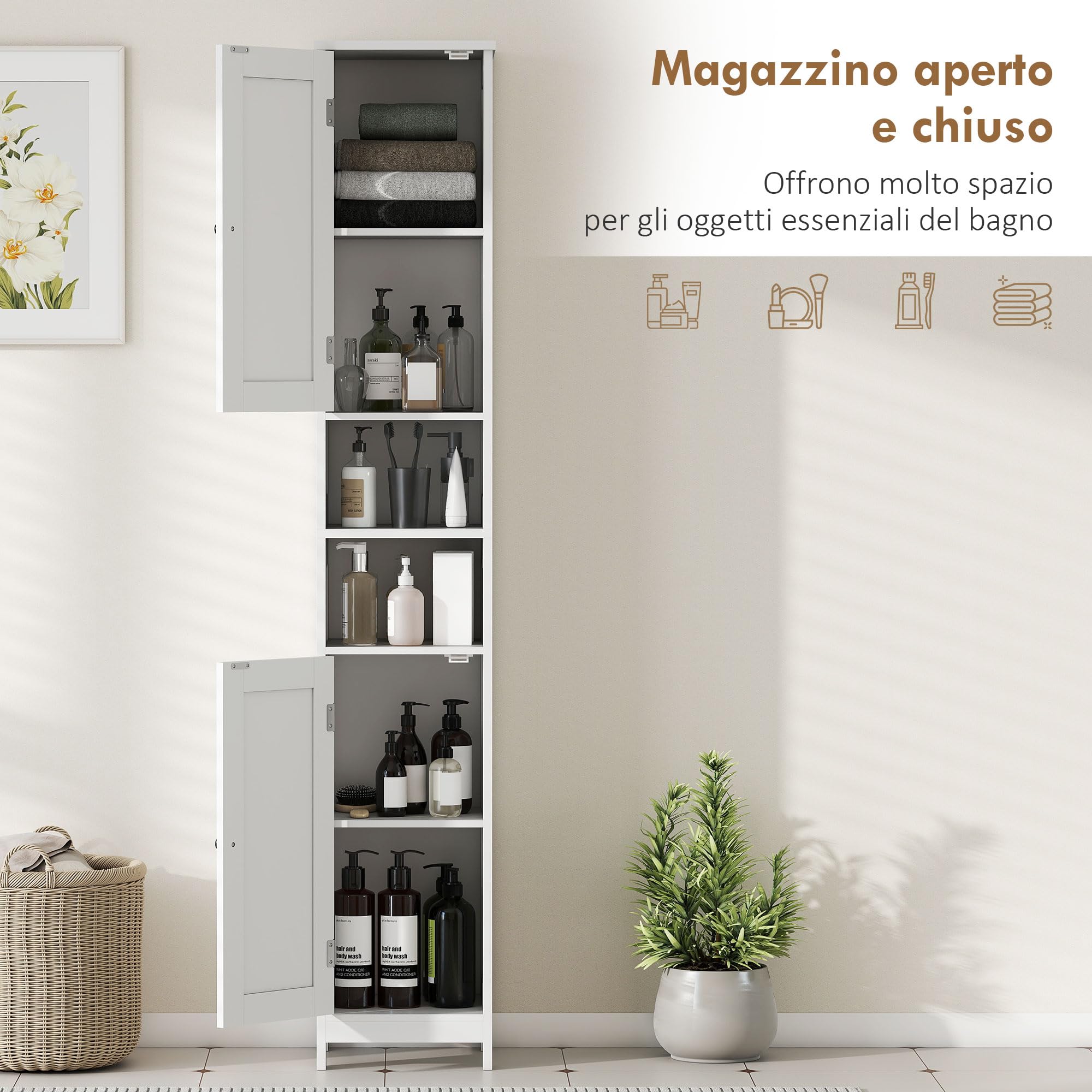 HOMCOM Mobile Bagno a Colonna con 2 Armadietti e 2 Ripiani Aperti Mobiletto Bagno Salvaspazio con Ripiani Regolabili per Soggiorno Sala da Pranzo 30x30x170 cm Bianco