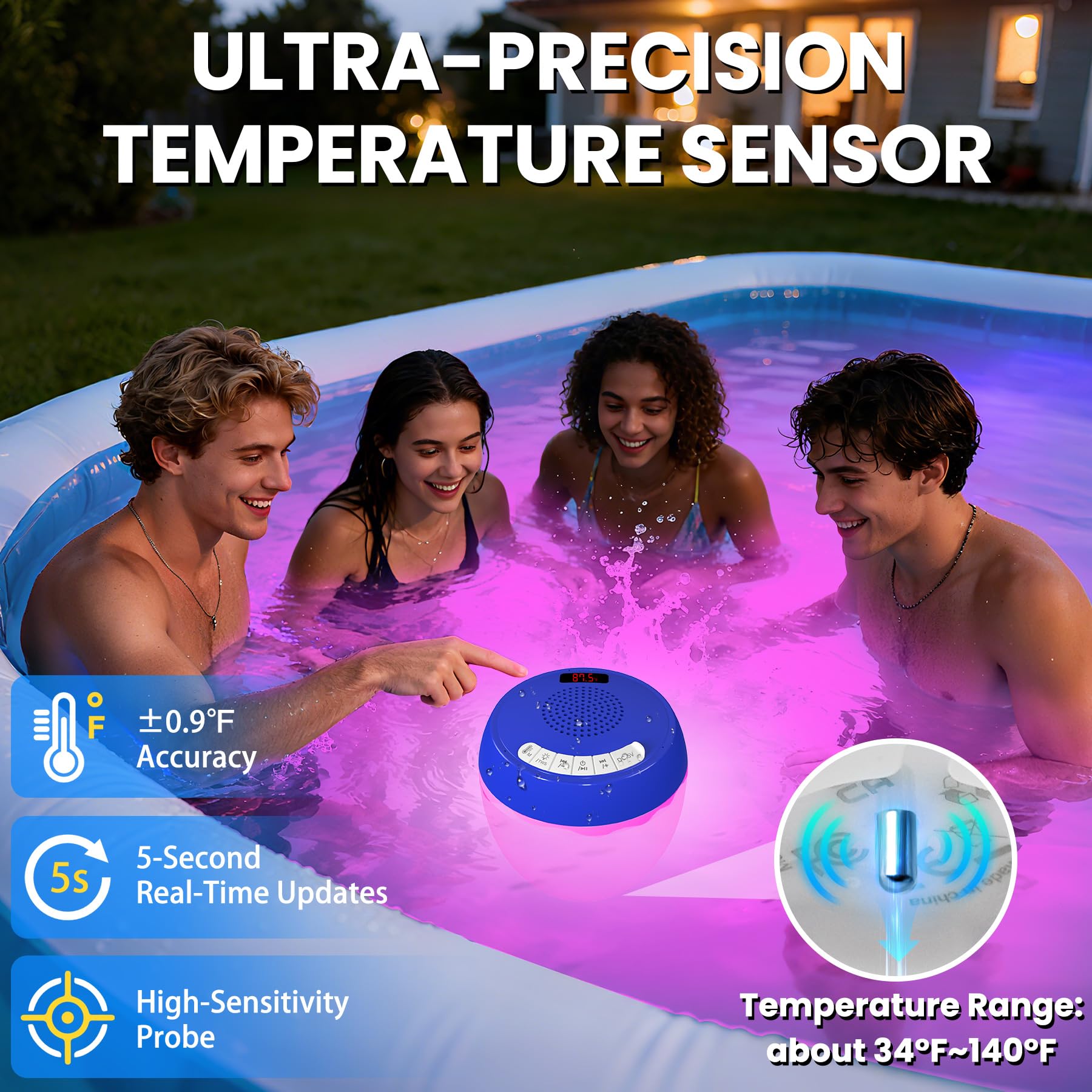 LanAqua Altoparlante Bluetooth per piscina con termometro galleggiante, facile lettura, altoparlanti galleggianti per piscina con spettacolo di luci, altoparlante impermeabile IP68 per piscine per