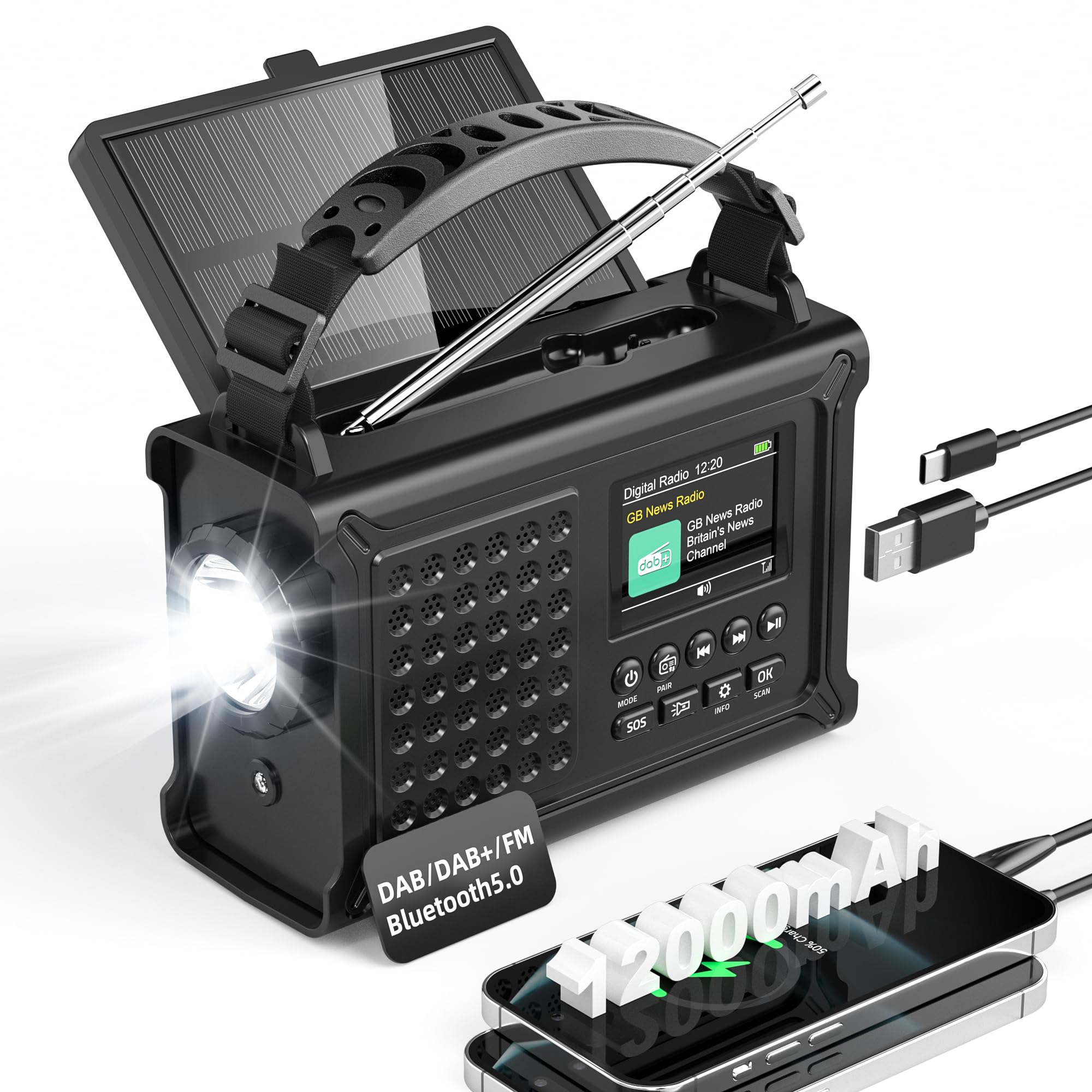 Roxicosly Radio a vento con DAB+/DAB/FM, pannello solare 8500mm², batteria ricaricabile reale da 12000 mAh, caricabatterie doppio per telefono, torcia da 5 W e lampada da lettura, SOS, Bluetooth