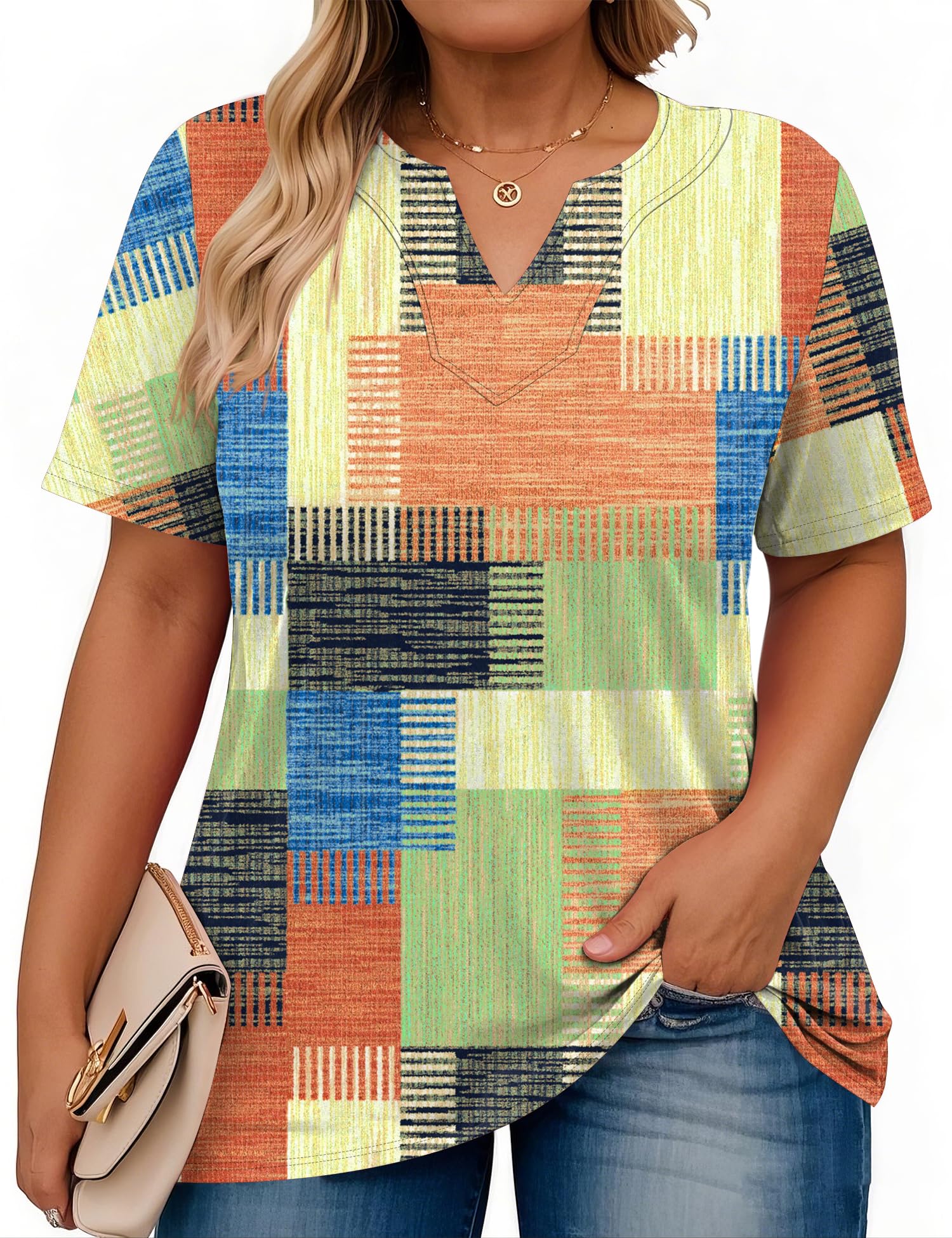 Rapbin Damen Plus Size T Shirt V-Neck Große Größen Kurzarm Oversized Tee Sommer Tops Casual Lockere Oberteil Blusen (Buntes Plaid, 5XL)