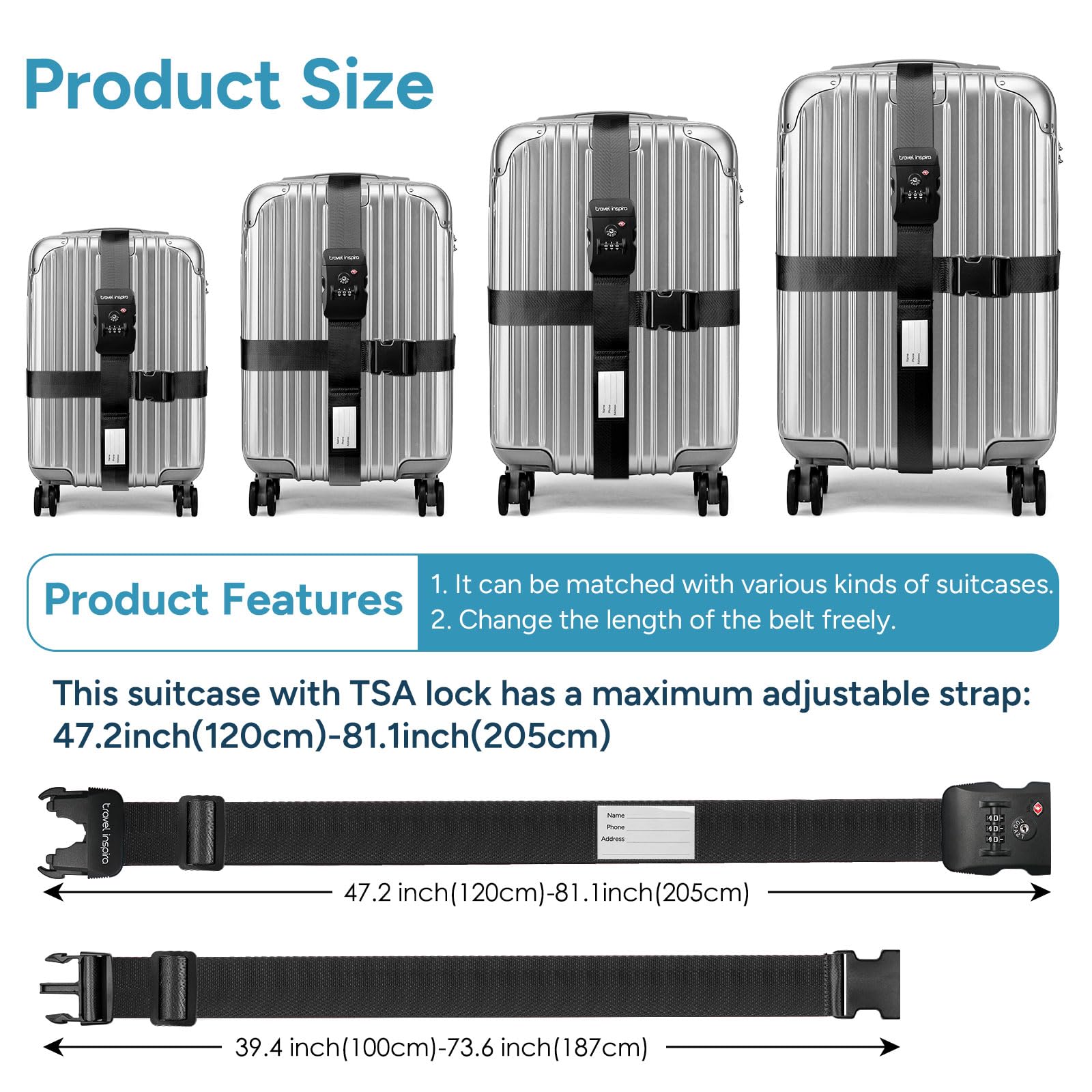 Travel Inspira Cintura antifurto per valigie con serratura TSA | Nylon resistente; serratura approvata TSA con etichetta; regolabile 103-200 cm; cinturino nero sicuro; borse da 20-28 pollici