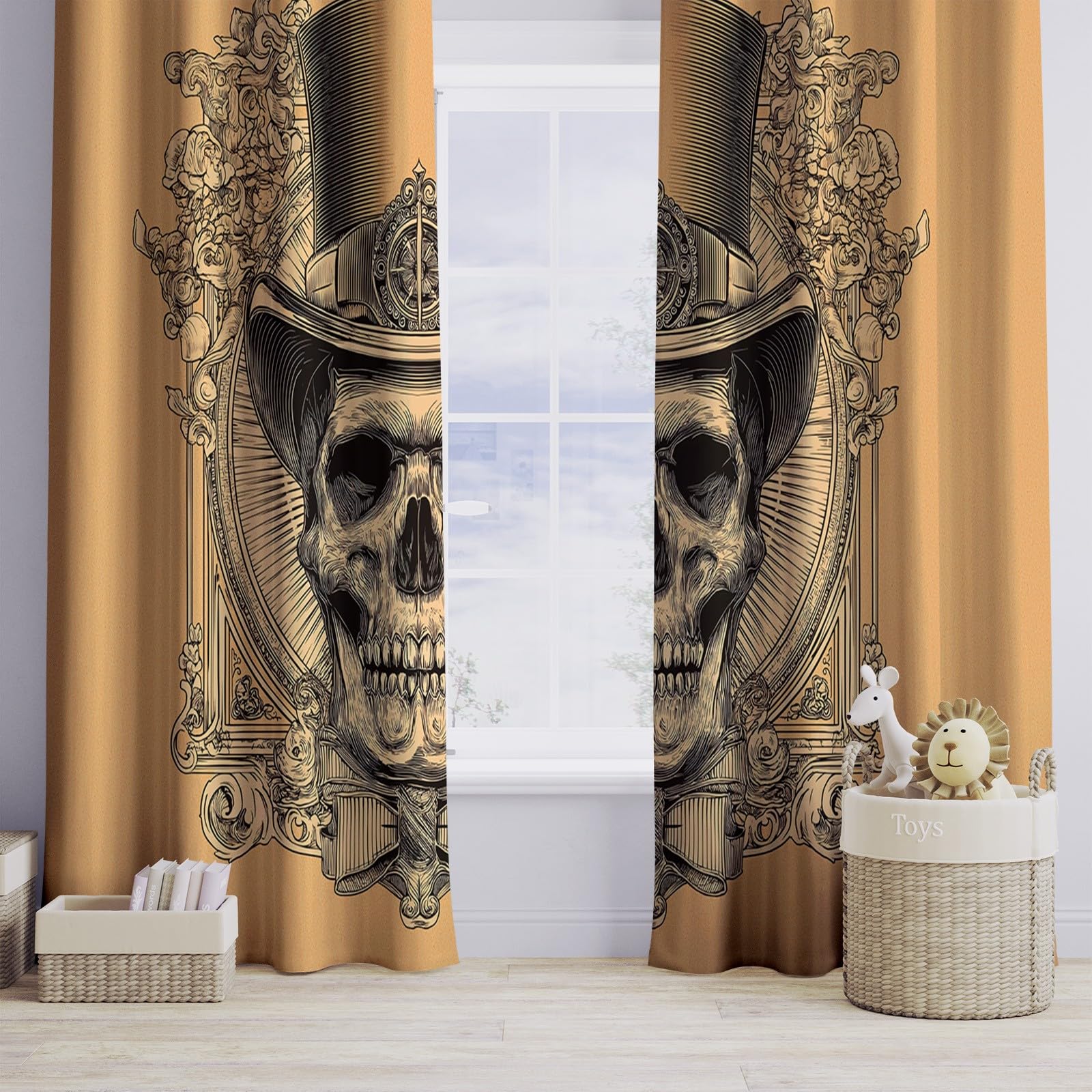 Generisch Horror Totenkopf Kopf 2er Set Verdunkelungsvorhänge mit Ösen, Steampunk Stil Blickdicht Thermo Isoliert Vorhänge für Wohnzimmer & Schlafzimmer, HxB 166 x 75 cm