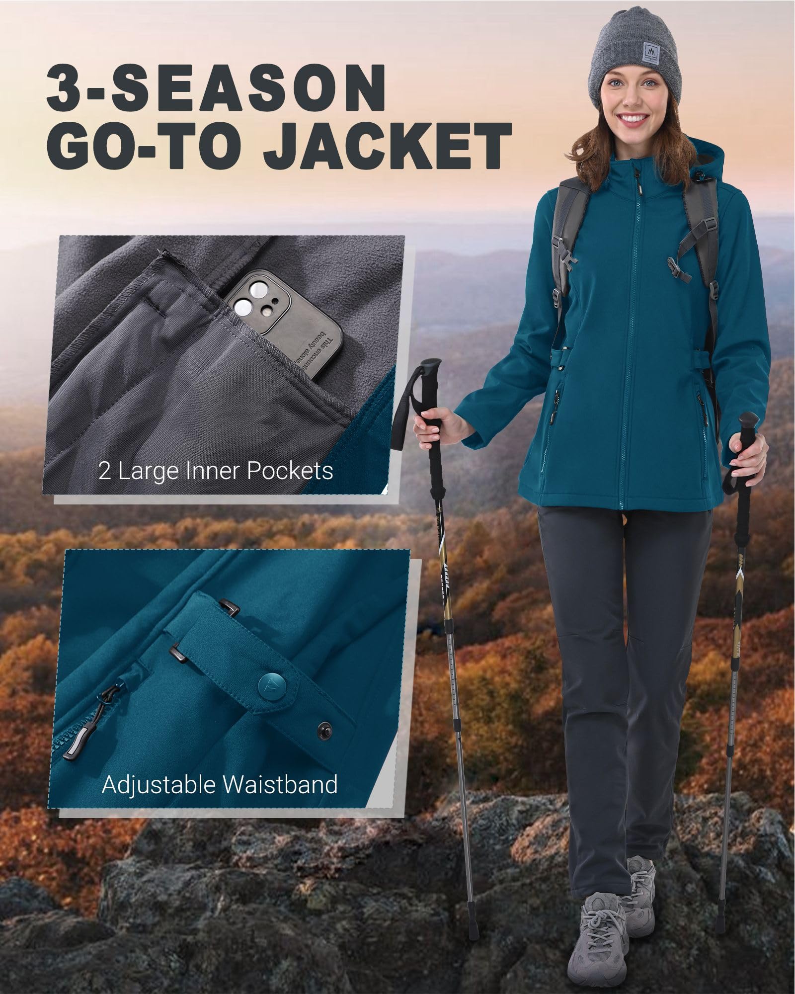 Outdoor Ventures Damen Softshelljacke Kurze Gefütterte Funktionsjacke Wasserdichte Übergangsjacke mit Abnehmbarer Kapuze Regenjacke Outdoor Regenmantel Softshellmantel für Wandern Laufen Sporten