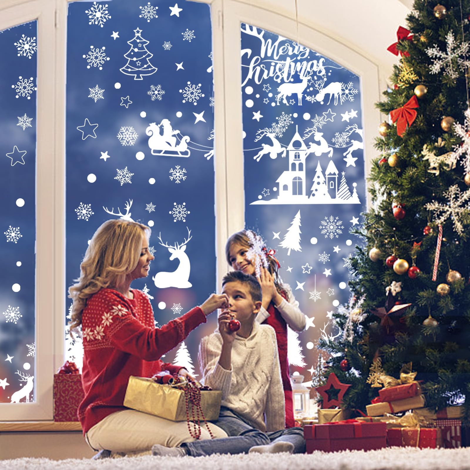 Lonya Vetrofanie Natalizie 5 Fogli – Adesivi Elettrostatici Riutilizzabili Per Finestre, Decorazioni Bianco/Trasparente 30x90cm, Paesaggio Innevato Con Pupazzi E Alberi