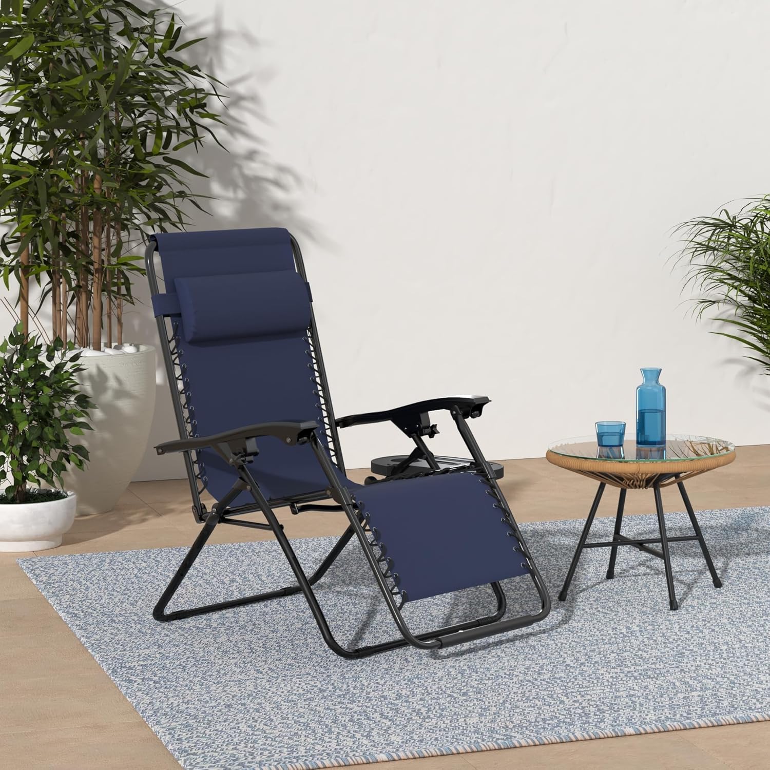 Outdoor Zero Gravity Lounge Chair with Pillow & Utility Tray, Folding Patio Lawn Beach Recliner(Navy)