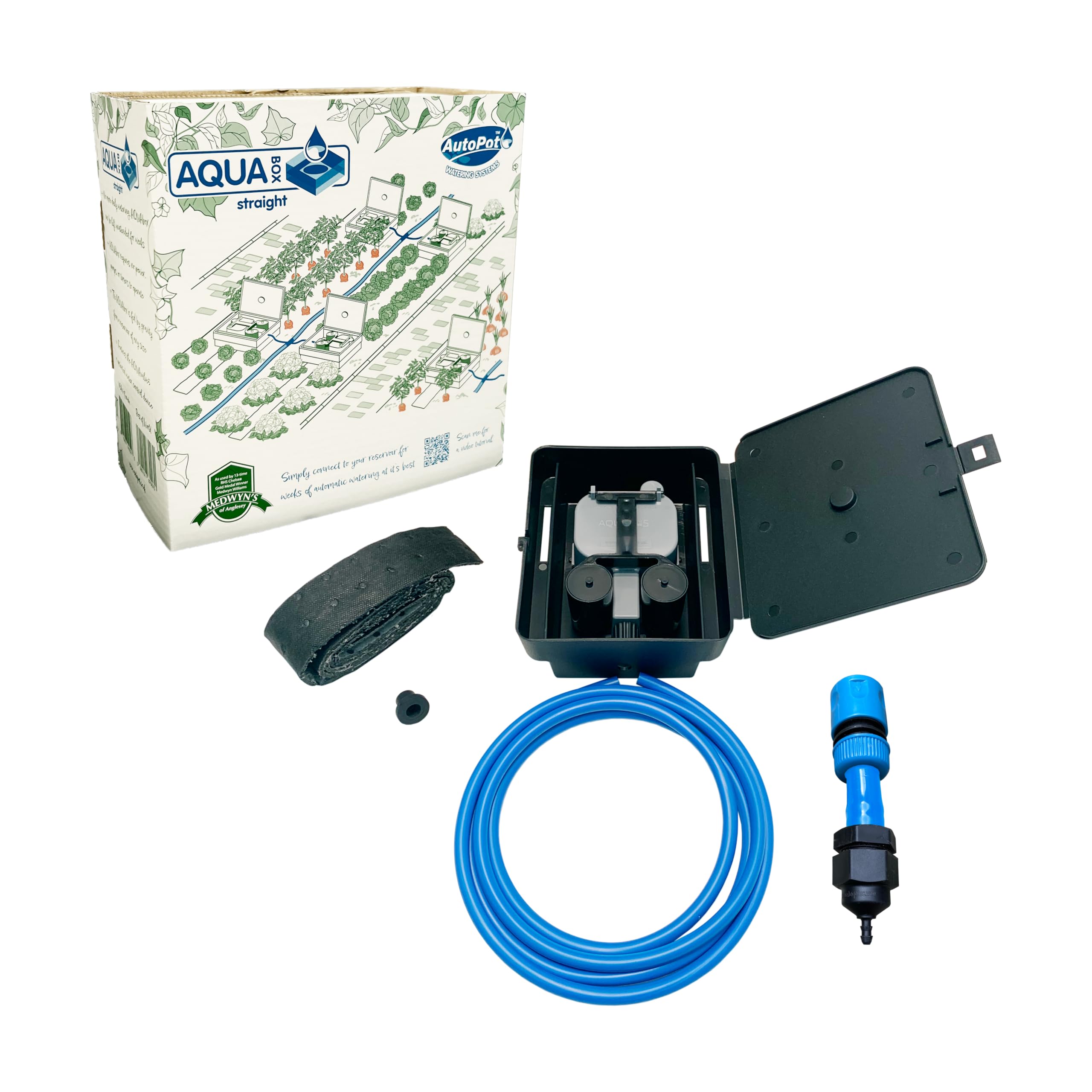 AQUAbox Straight Automated Plant Watering System for Narrow Beds and Allotment Plots with Pipe and Fittings for Reservoir Connection Power-Free