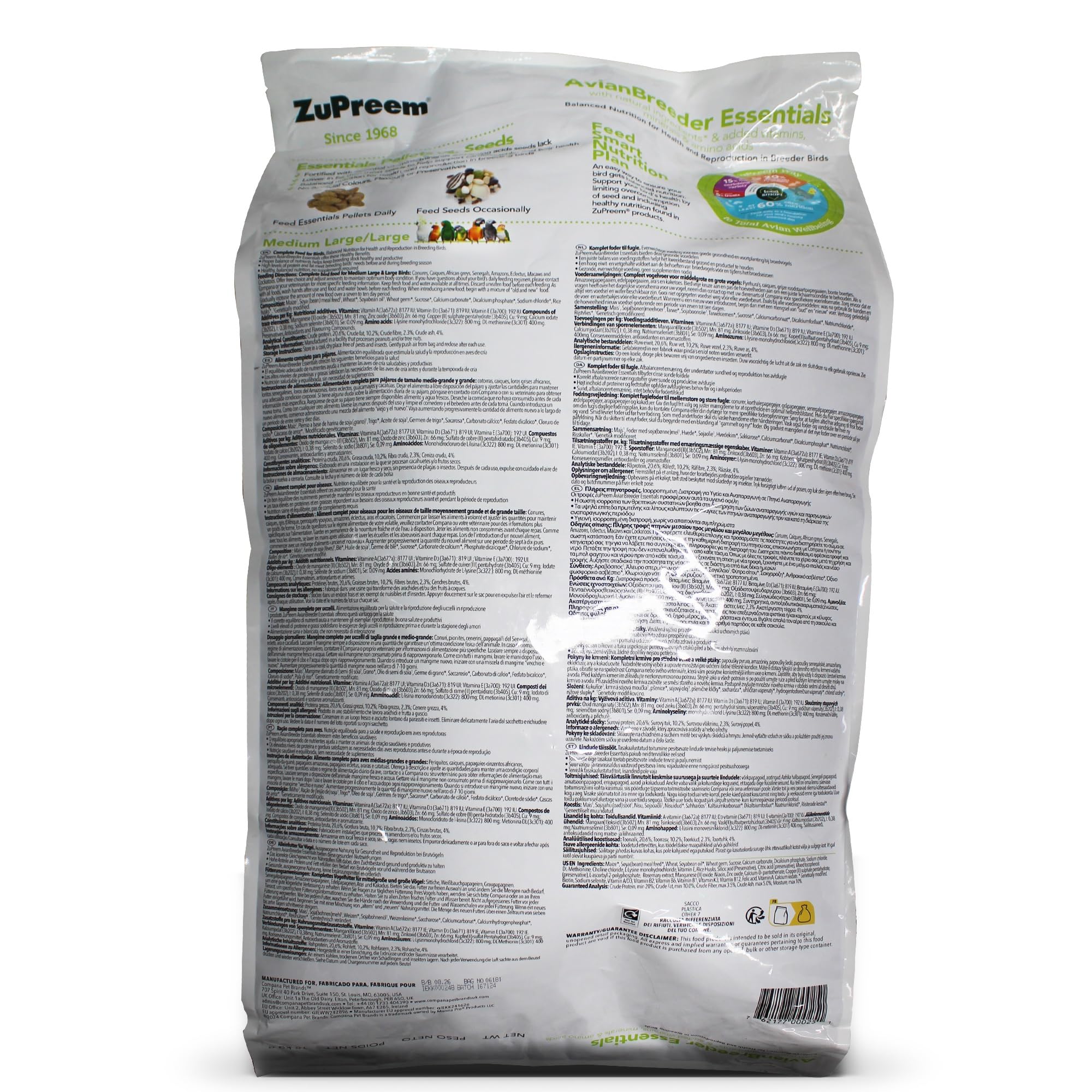 ZuPreem Essentials Breeder Alimento para Aves de Tamaño Mediano-Grande y Grande - Pienso para Pájaros Indicado para la Cría de Cotorras, Loros Grises, Guacamayos, Cacatúas y Caiques -18 kg