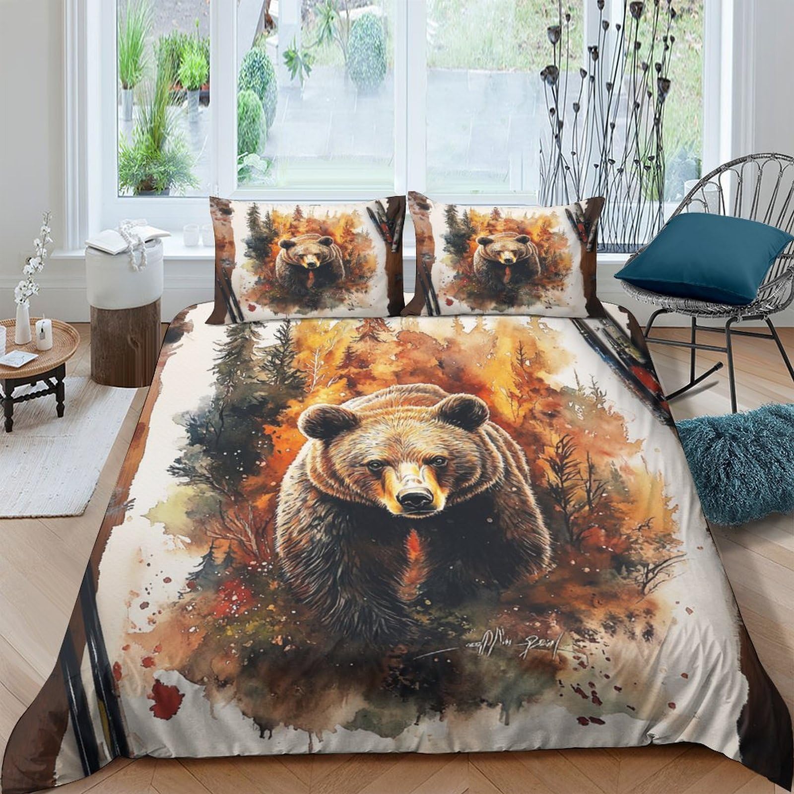 Ctjqhvkz Style-1 3D Printed Fierce Bear Fitted Sheet Microfiber Soft Anti-Slip Forest Fire Bed Cover For Bedroom Dorm Mattress Decor Single（135X200cm）